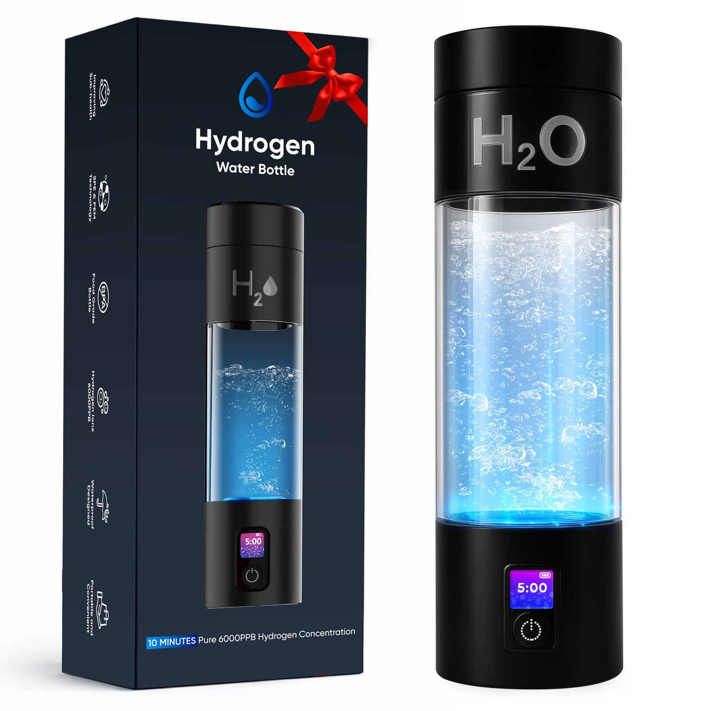 TzzToiT Hydrogen Water Bottle Generator - 6000PPB High Concentration, SPE PEM Tech, Portable 9Oz Hydrogen Water Ionizer, Rechargeable Rapid Hydrogen Boost, Travel Friendly with Bottle Adapter, Black