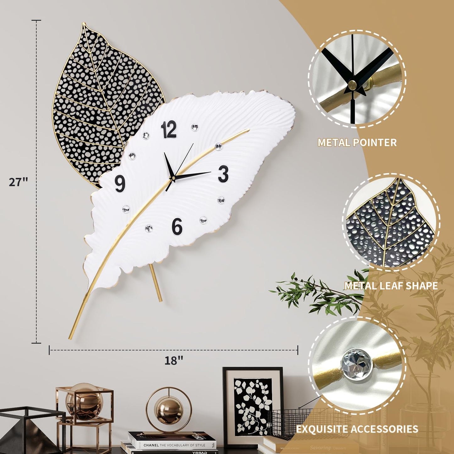 Anmotpe 18x27 inch Large Modern Feather Leaf Shape Wall Clock for Living Room Decor, White Unique Silent Decorative Art Clock for Home Bedroom Office Dining Kitchen