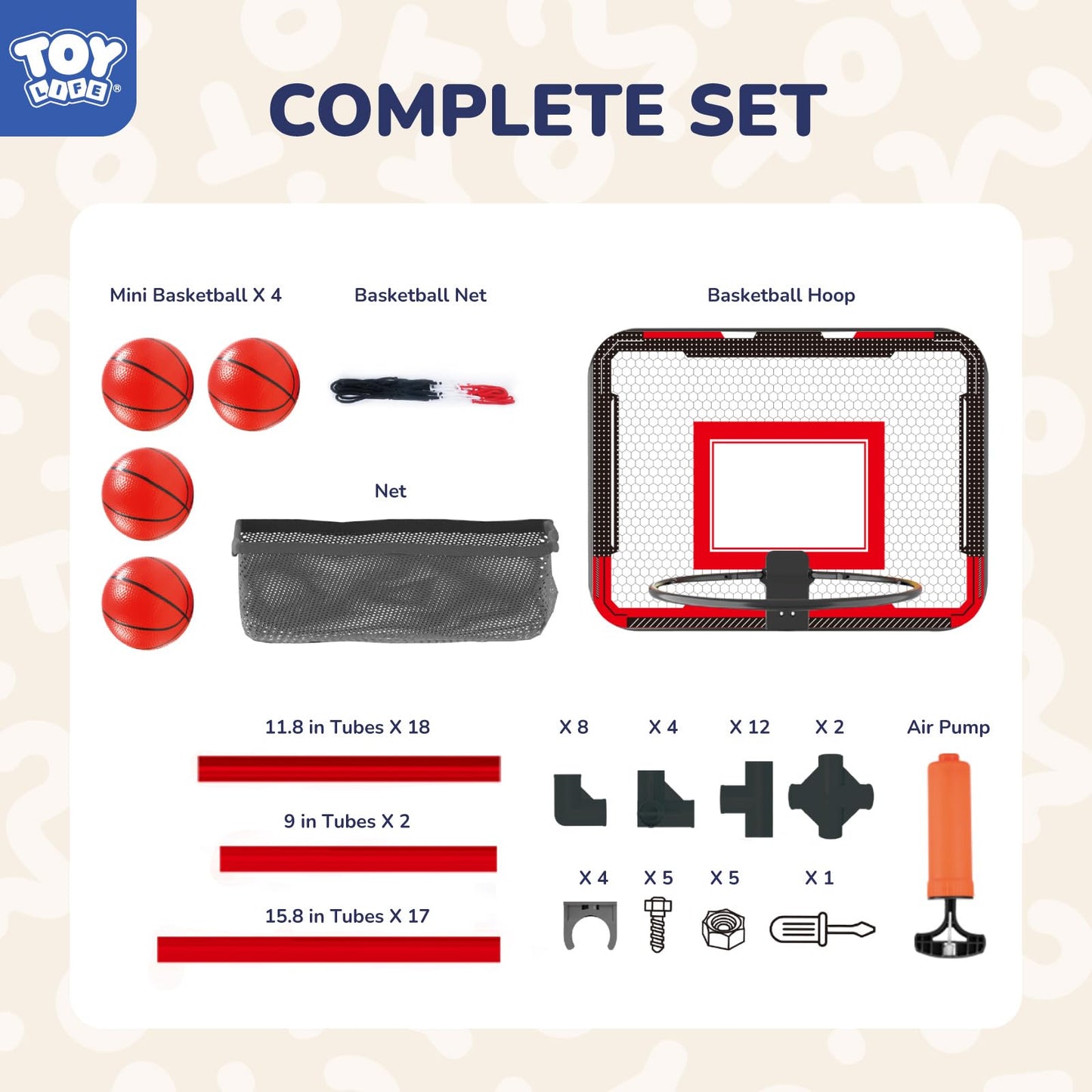 TOY Life Arcade Adjustable Height Basketball Game, Easy to Install with 4 Balls and Hoop Set for Children Aged 3 to 12 Years, Sports Game for Indoor and Outdoor Use, Air Pump