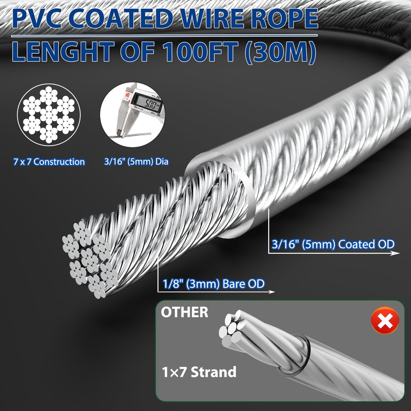 hannger 3/16" Wire Rope Kit, 100 Ft PVC Coated Steel Cable w/ 7×7 Strand Core, Stainless Steel Turnbuckle Wire Tensioner Kit for Decking Stair Railing, Shade Sail, String Light Hanging, Clothes Line