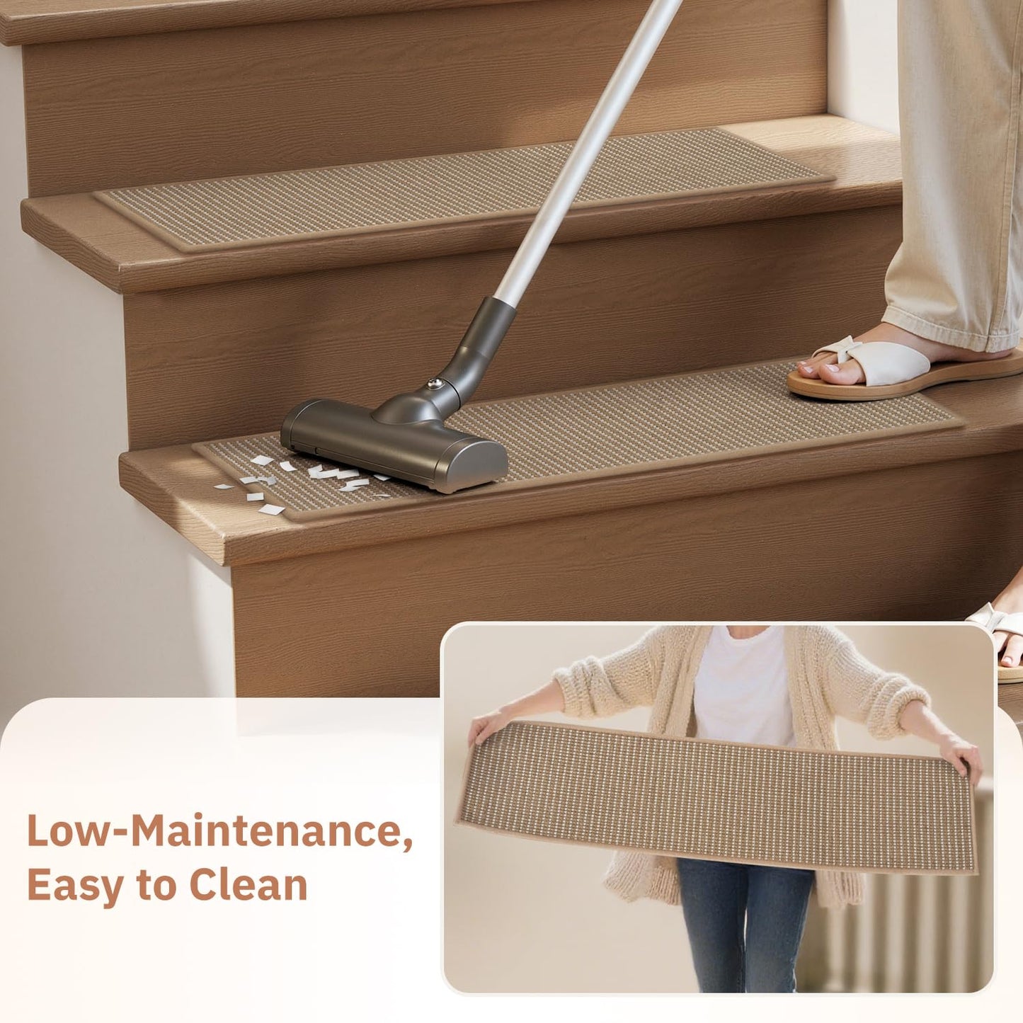 15PC Jute Stair Treads for Wooden Steps-Stairs Carpet Non Slip-Peel and Stick Stair Treads Indoor, Adhesive Staircase Step Treads Residue Free, Durable Natural Stair Runner Rug,8"x30" Beige