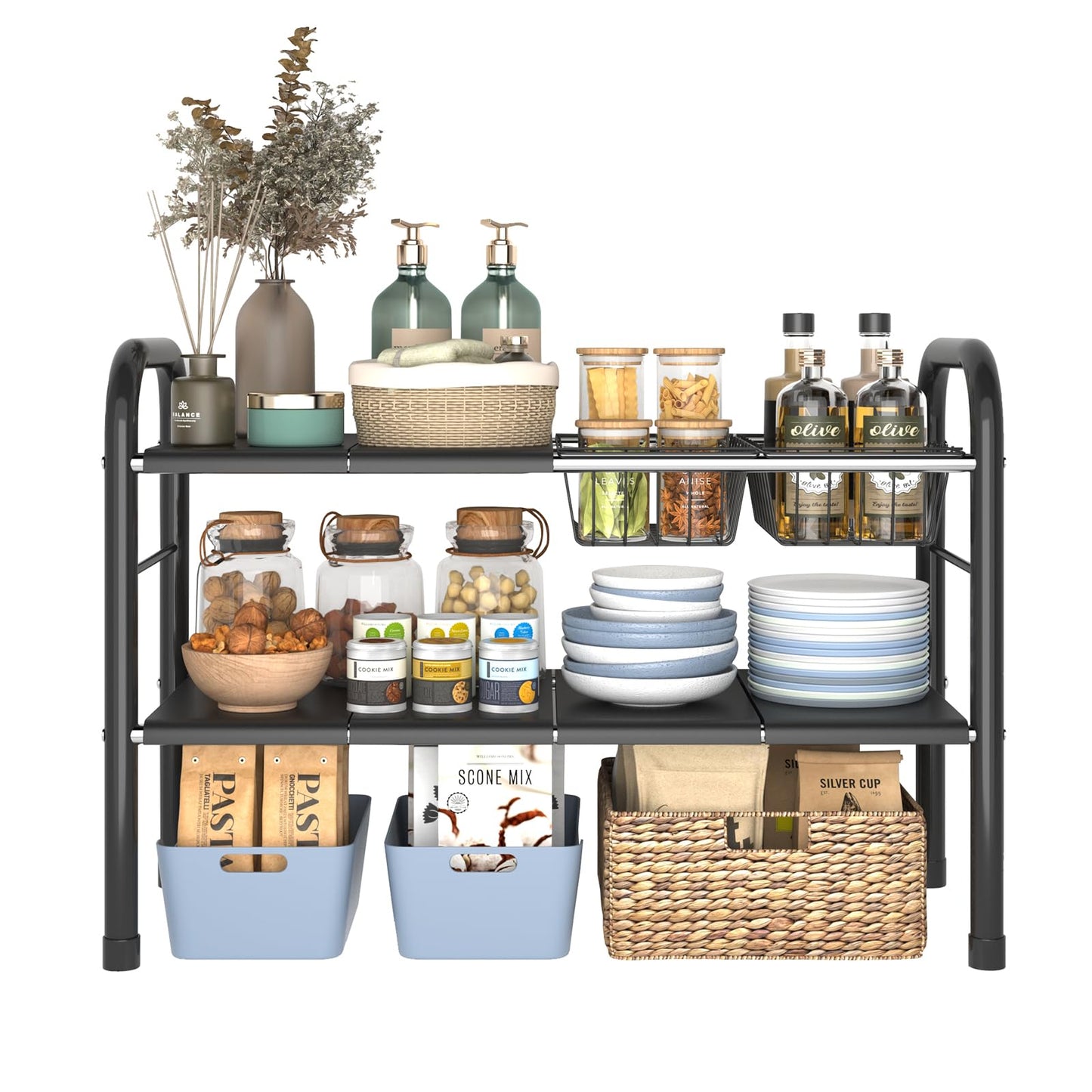 KOSIWU Expandable Under Sink Organizer, 2 Tier Under Sink Shelf with 2 Removable Baskets and 6 Removable Panels for Cabinet Sink Cloakroom Wardrobe Closet Storage(Black, 17.71”-32”Length