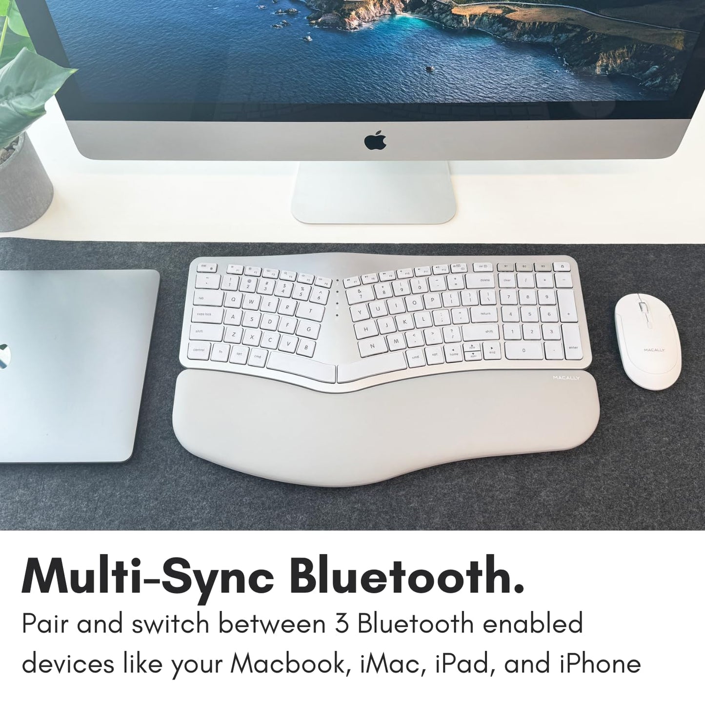 Macally Backlit Bluetooth Ergonomic Keyboard for Mac - Sculpted for Comfort - Wireless Ergonomic Keyboard (100-Key MacOS Layout) - Rechargeable Split Ergo Keyboard - MacBook, iMac, iPad, iPhone