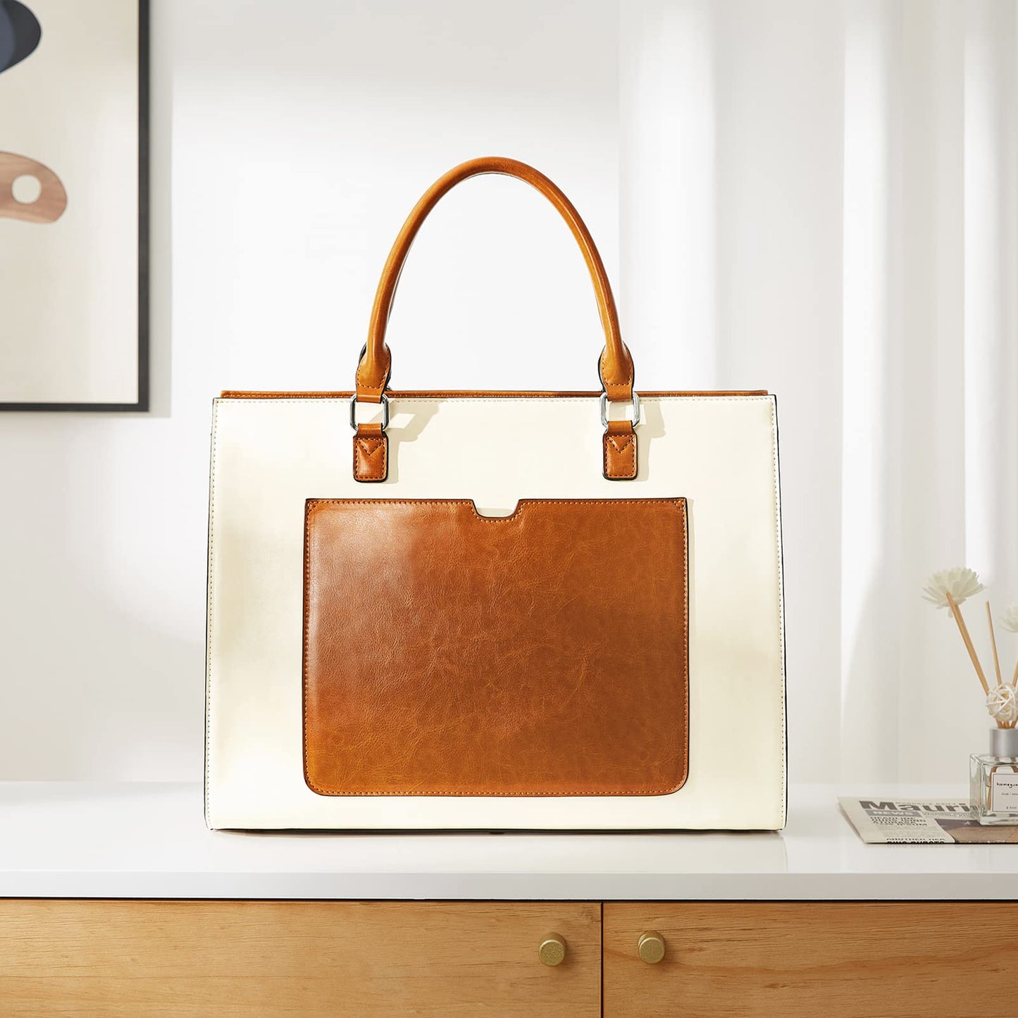 BROMEN Womens Briefcase Leather 15.6 inch Laptop Shoulder Bag Business Tote Handbag Brown with Beige