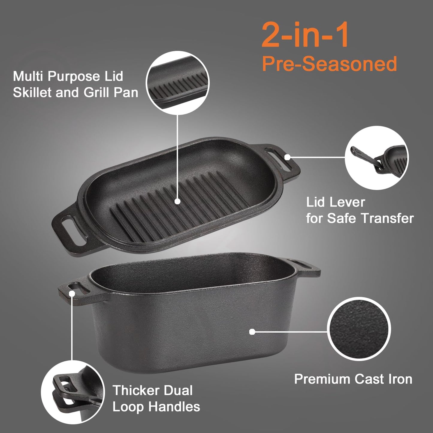 OLLAKOK 2-in-1 Pre-Seasoned Cast Iron Dutch Oven Pot with Lid as Skillet, Grill Pan, with Lid Lever, Dual Loop Handles, Oval Heavy Dutch Oven for Bread Baking, Frying, Camping, BBQ, 3.8 QT Black