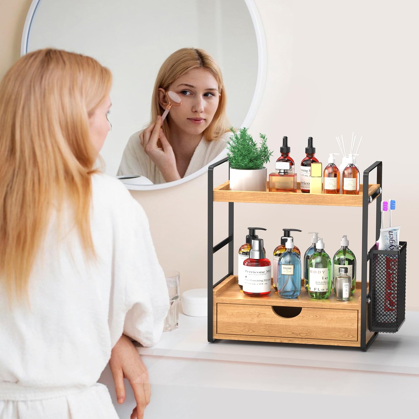 LEMIKKLE Bathroom Counter Organizer with Drawer and Basket,Wood Countertop Organizer for Bathroom Decor Makeup Tray for Perfume Skincare Bedroom Kitchen Corner