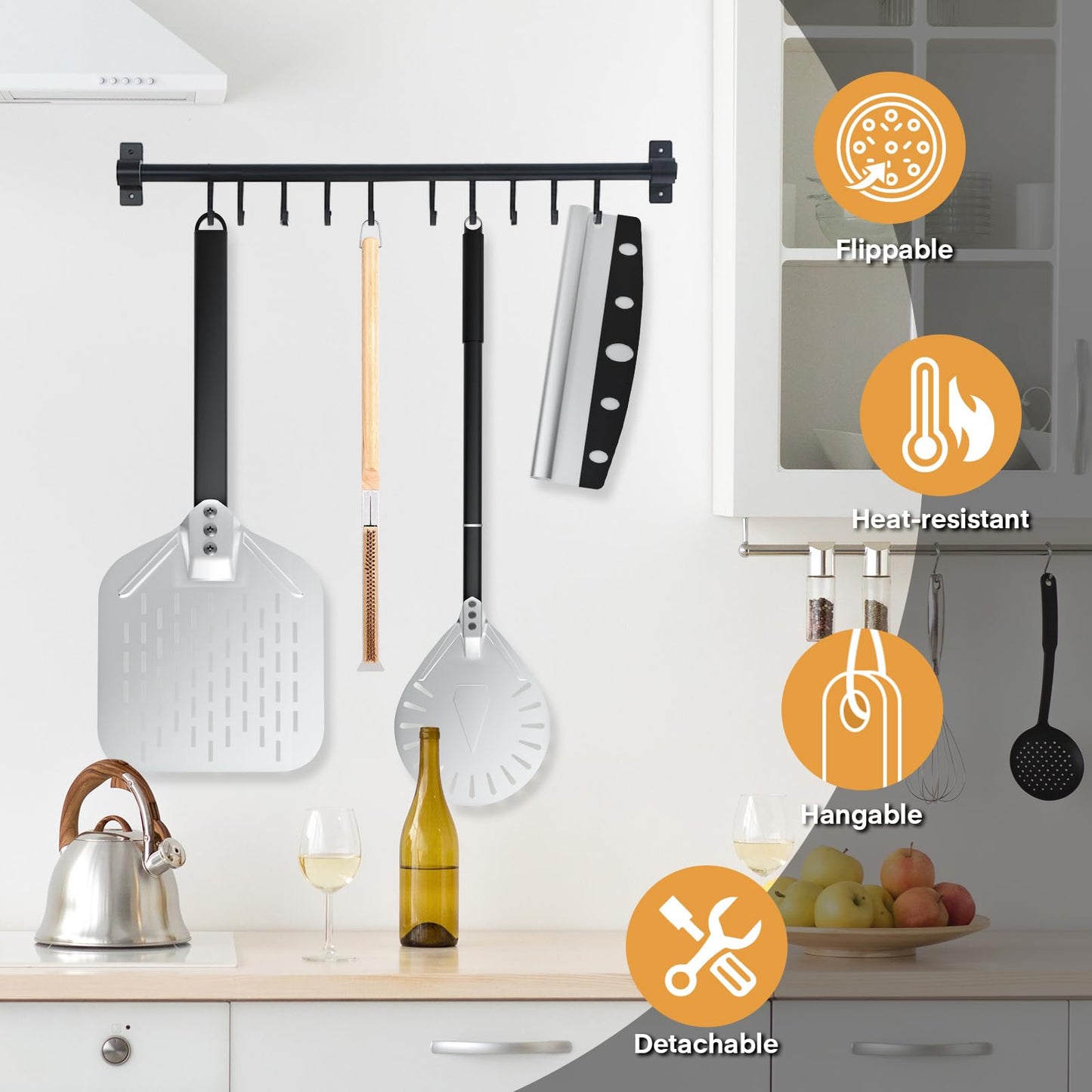 4-Piece Pizza Oven Accessories Kit, Includes 12 Inch Perforated Pizza Peel, 9 Inch Round Pizza Turning Peel, Oven Brush with Scraper and Rocker Cutter, Pizza Spatula Paddle Set for Home Pizza Making