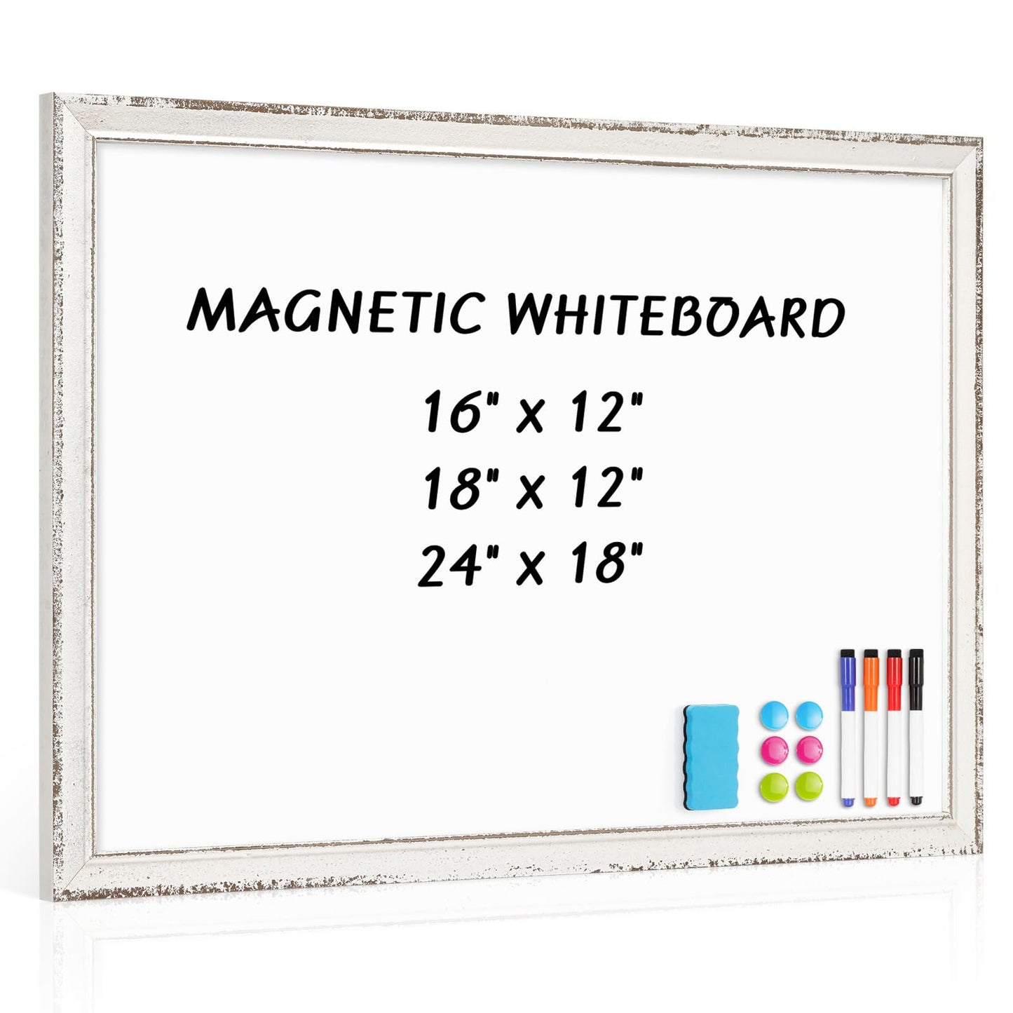 QUEENLINK White Board for Wall, 24" x 18" Magnetic Dry Erase Board, Rustic Wooden Frame Decorative Whiteboard, Wall Mounted, Distressed Whitewash, Aesthetic Writing Board for Home, Office, School