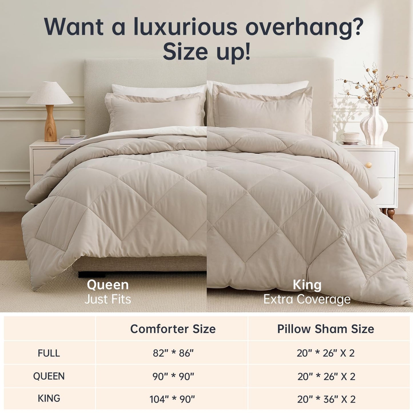 JOLLYVOGUE King Size Comforter Set, Soft Reversible Bedding for All Seasons, 3 Pieces Down Alternative Bed Set Includes 1 Lightweight Comforter (104"x90") and 2 Pillow Shams (20"x36"), Beige & Ivory