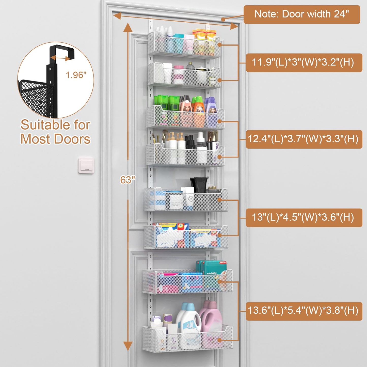 VyGrow Over The Door Organizer, 8-tier Metal Door Organizer Hanging with Adjustable Baskets, Behind The Door Storage for Bedroom Closet Bathroom Pantry Cabinet Kitchen, White