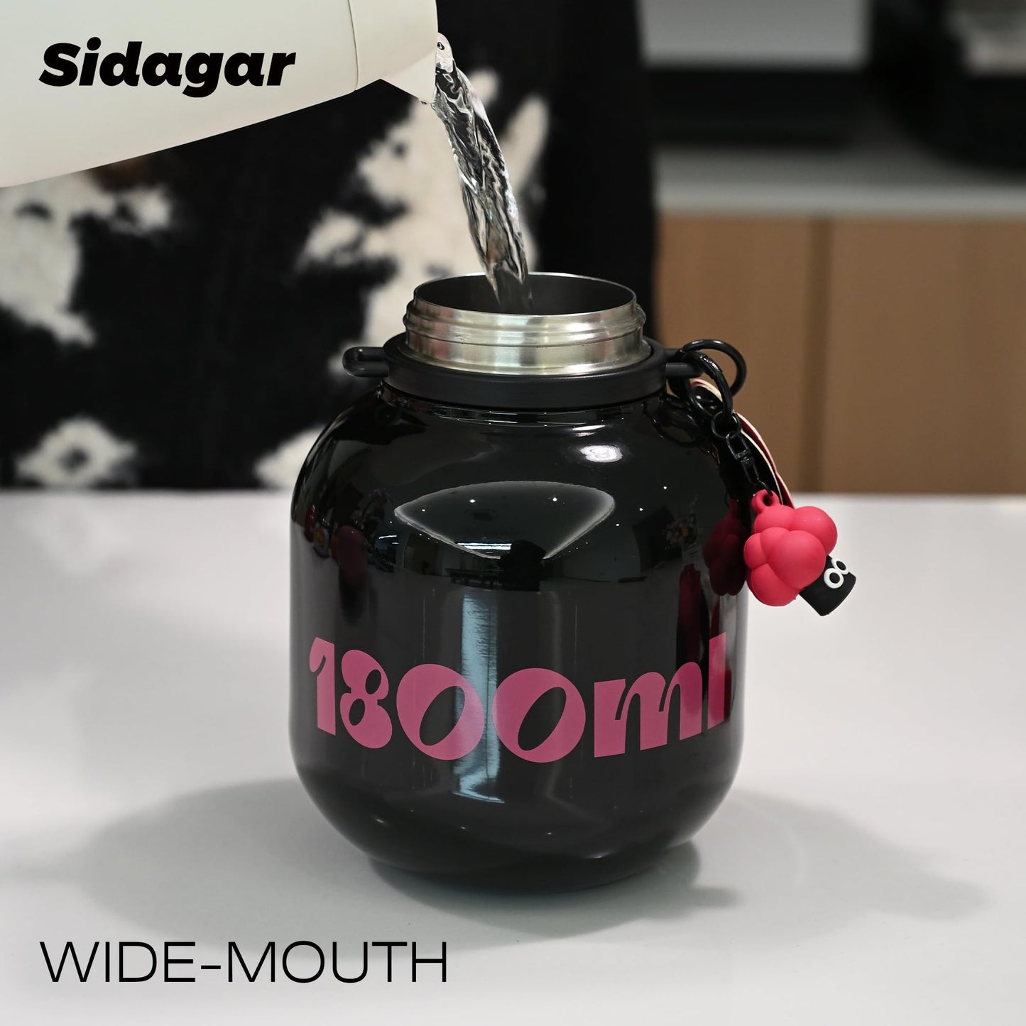 Sidagar 60 oz Big Gallon Water Bottle with Straw and Carry Handle, Black Wide Mouth Vacuum Water Jug, Insulated Stainless Steel Bottles; Heavy-Duty Aesthetic Yoga Flask for Women, Sweet & Cool Black