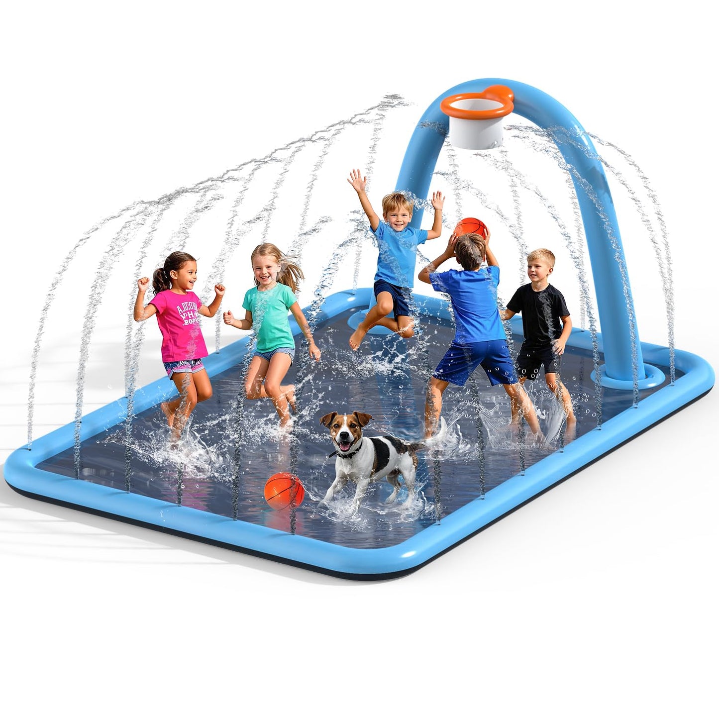 Octplay Splash Pad with Basketball Hoop - 102x87'' Large Sprinkler Pad for Kids & Dogs Pets | Thickened Non-Slip Splash Mat, Foldable Water Play Pool & Outdoor Summer Toys Ages 3+