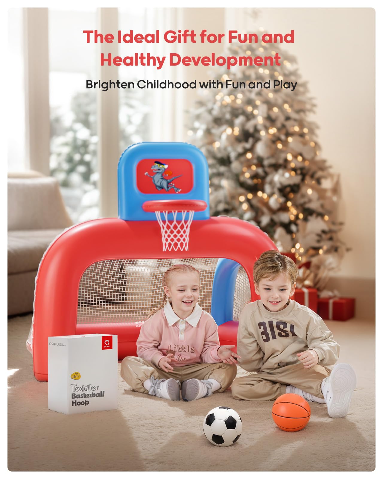 QPAU 2-in-1 Inflatable Basketball Hoop Set, Indoor Basketball Goal & Soccer for Kids, Basketball Hoop for Ages 1-5, Toys for Toddlers, Boys and Girls Gift