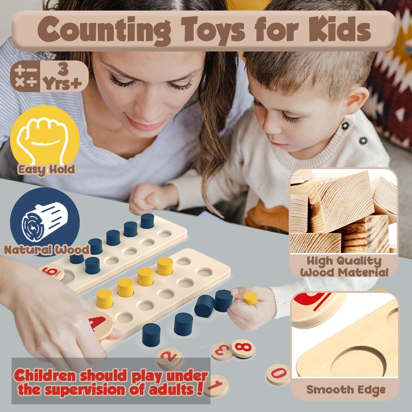 TEUVO Counting Peg Board Montessori Toys for Kids Aged 3 4 5 6 Years Old, Montessori Math Manipulatives Materials Wooden Preschool Learning Number and Counting Games for Home School Classroom