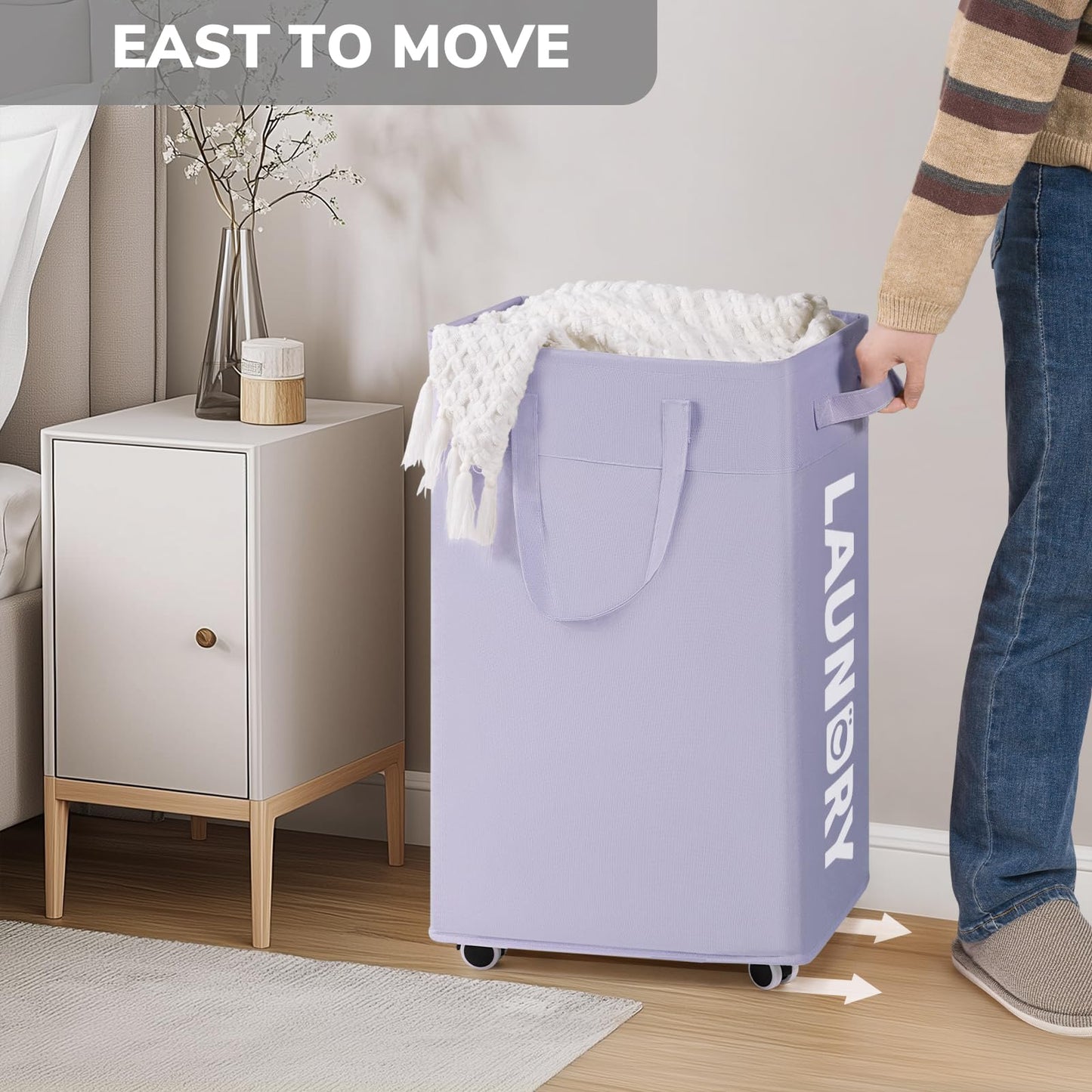 Goodpick Laundry Basket with Wheels,75L Collapsible Laundry Baskets with Removable Wash Bag, Clothes Laundry Hamper on Wheels, Light Purple