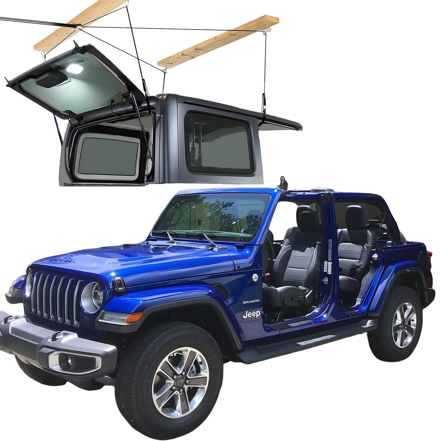 Premium Hard Top Removal Lift Hoist for Jeep Wrangler and Ford Bronco - Self-Leveling Design, Safe Anti-Drop System, Easy One-Person Operation - Supports 8-16 ft. Ceilings - Bonus 6 T Knobs Included