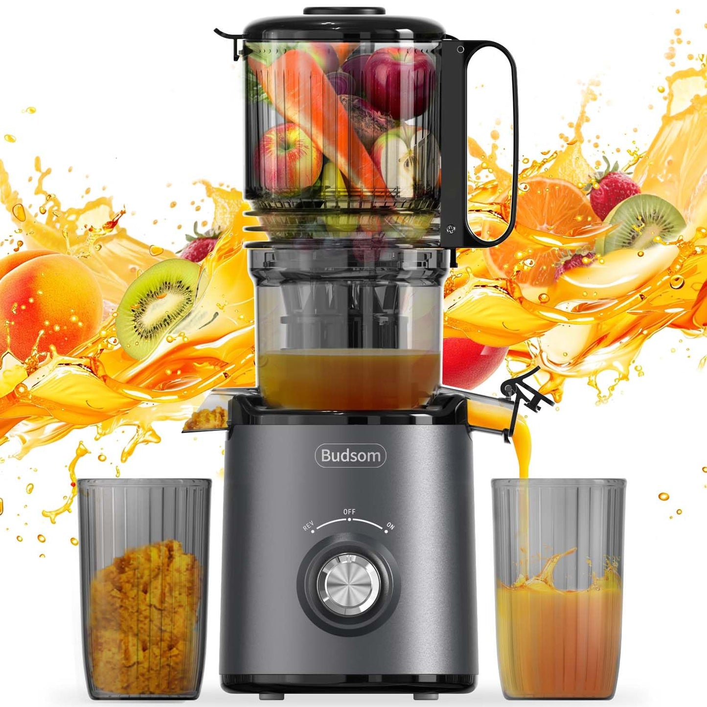 Budsom Cold Press Juicer Machine: 300W Slow Masticating Juicer for Whole Fruits & Vegetables, 5.3" Wide Feed Chute, High Juice Yield, Easy to Clean, Quiet 55 RPM, Juice Extractor for Home & Kitchen