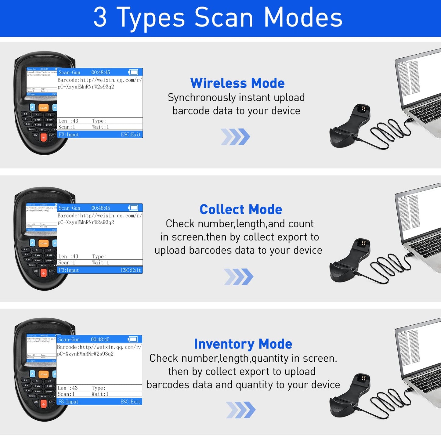 1D 2D Barcode Scanner Wireless, JRHC Portable Inventory Scanner & Data Collector Data Terminal PDT Inventory Device with Long Transmission Distance 2.4G Wireless Bar Code Reader with 2.2" LCD Screen