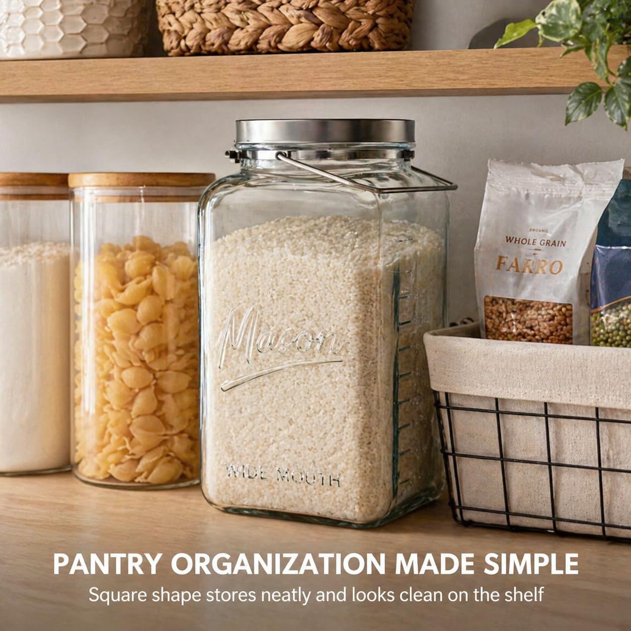 kitchentoolz Large 2 Gallon Glass Mason Jar with Big Airtight Metal Lid and Carry Handle – Wide Mouth Square Container with Measurements for Dry Goods, Bulk Storage, and Food Prep