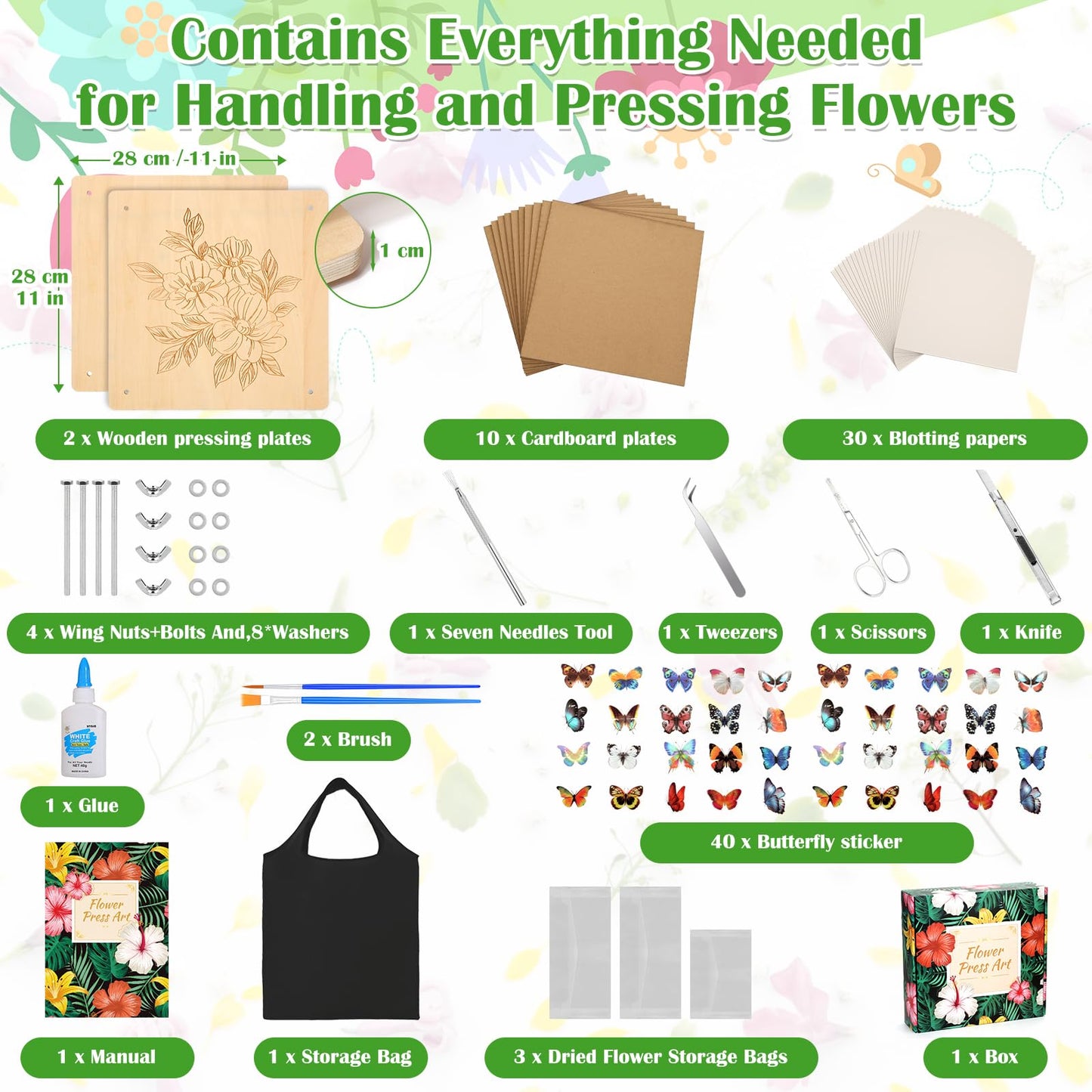 11x11" Large Flowers Press Kit, 10-Layer Wooden Pressing Kit for Adults DIY Flower Preservation & Dried Flowers Art Bookmark Frame Wedding Flower Drying, Gift for Craft Lovers with Storage Bag