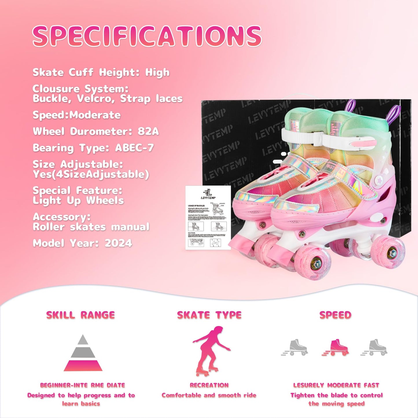 LEVYTEMP Rainbow Roller Skates for Girls Kids, Gradient Pink 4 Size Adjustable Quad Skates Size X-Small Ages 6-12 with All Light Up Wheels for Kids Youth Outdoor Indoor