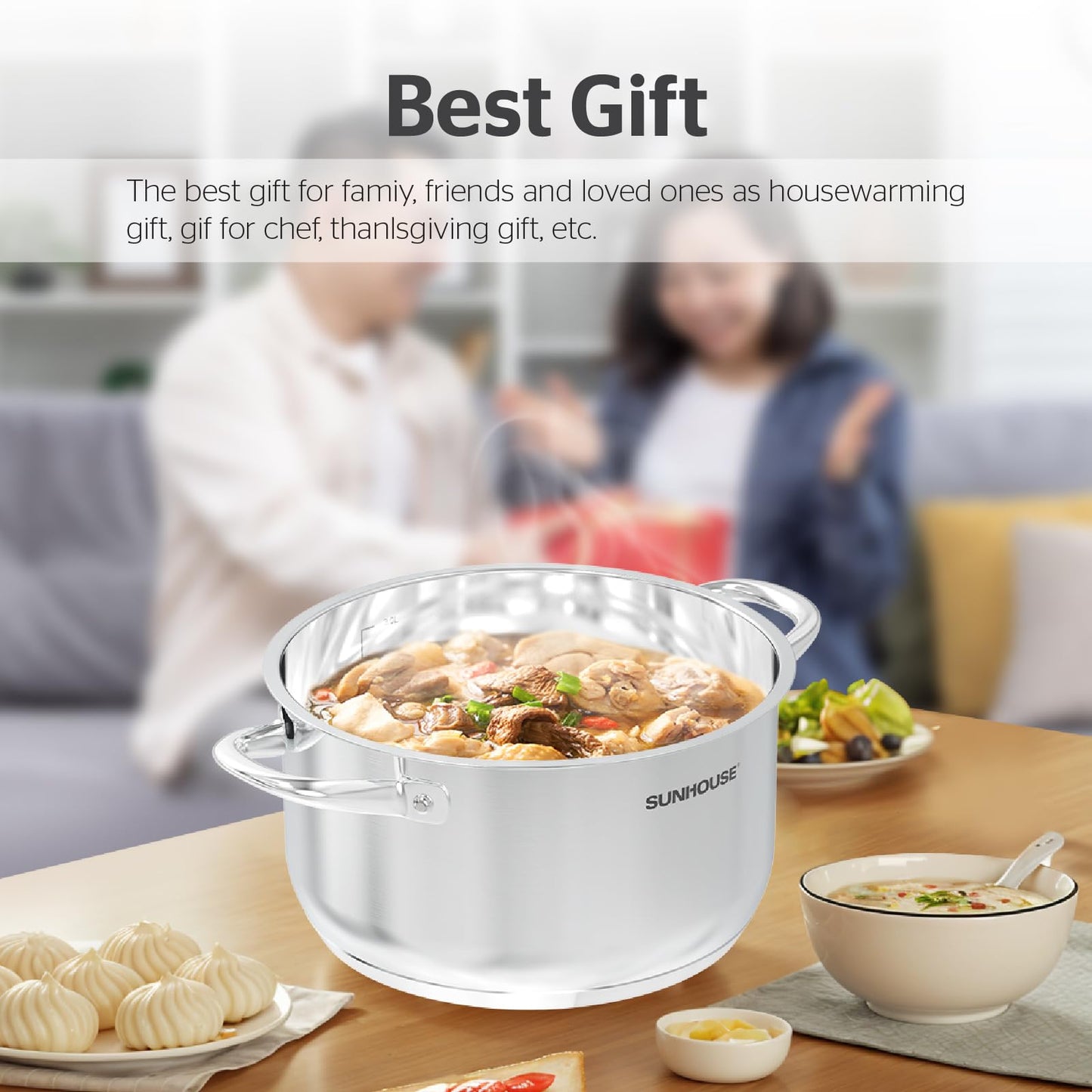 Sunhouse 8 Quart Stock Pot with Lid - 3-Ply Base Stainless Steel Cooking Pot - 8 QT Canning Dutch Oven Stock Pots - Oven Safe & Induction Cookware
