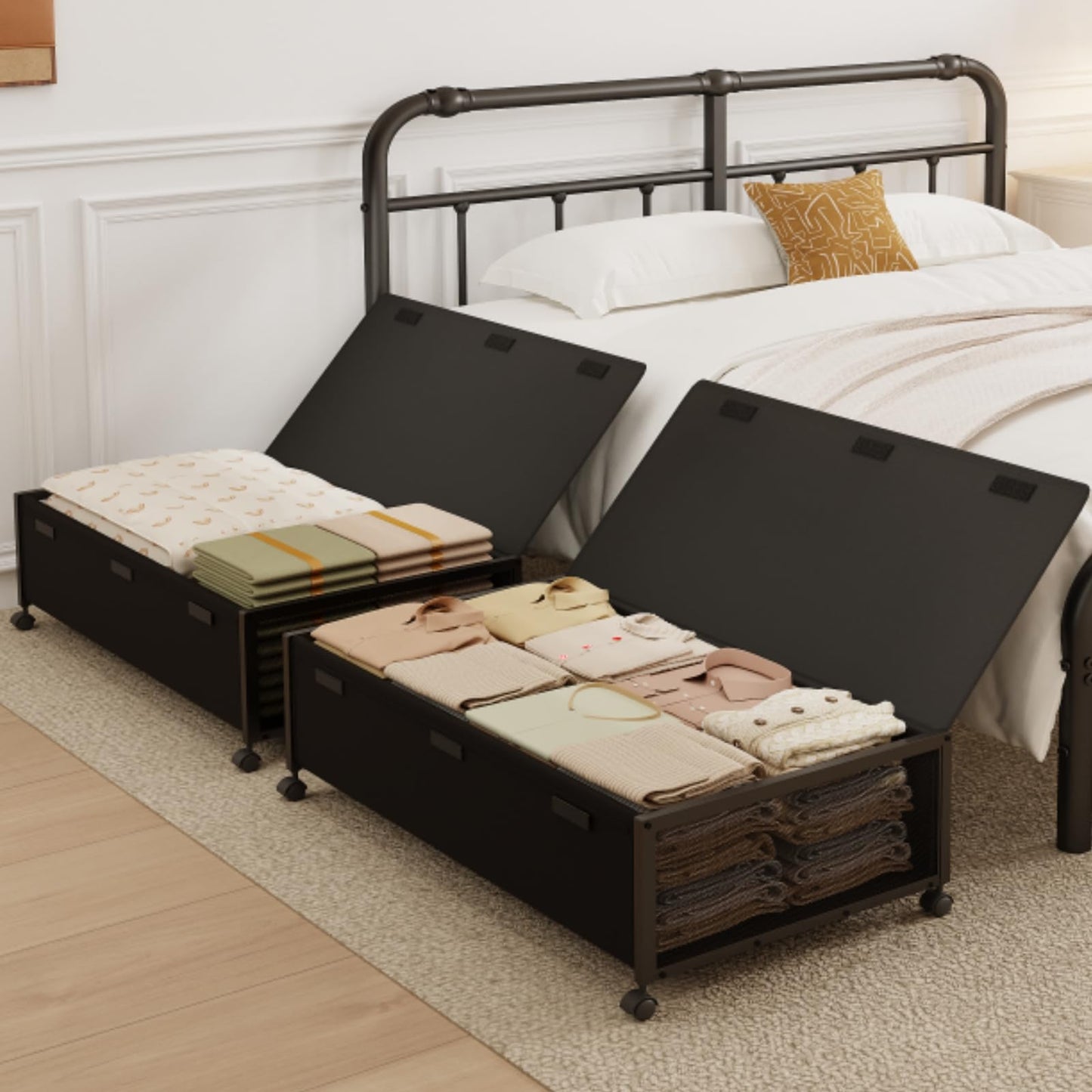 2 Pack Under the Bed Storage Containers,10 inch Height Under Bed Shoe Storage,31inch Long Underbed Storage with Wheels,Large Rolling under bed Clothes Storage Drawers with Lid for Dorm Tall ,Black