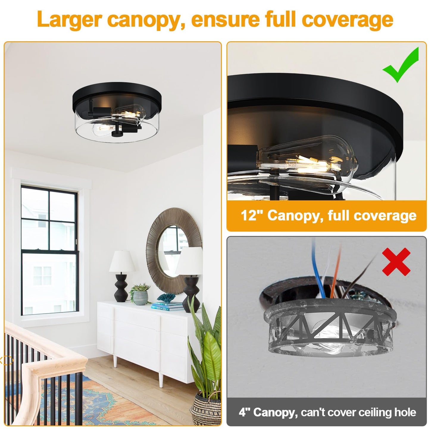 szzgco Flush Mount Ceiling Light Fixtures, 2-Light Black Ceiling Mount for Farmhouse with Clear Glass Lampshade, Industrial Flush Mount Light Fixture for Hallway, Kitchen, Entryway and Foyer