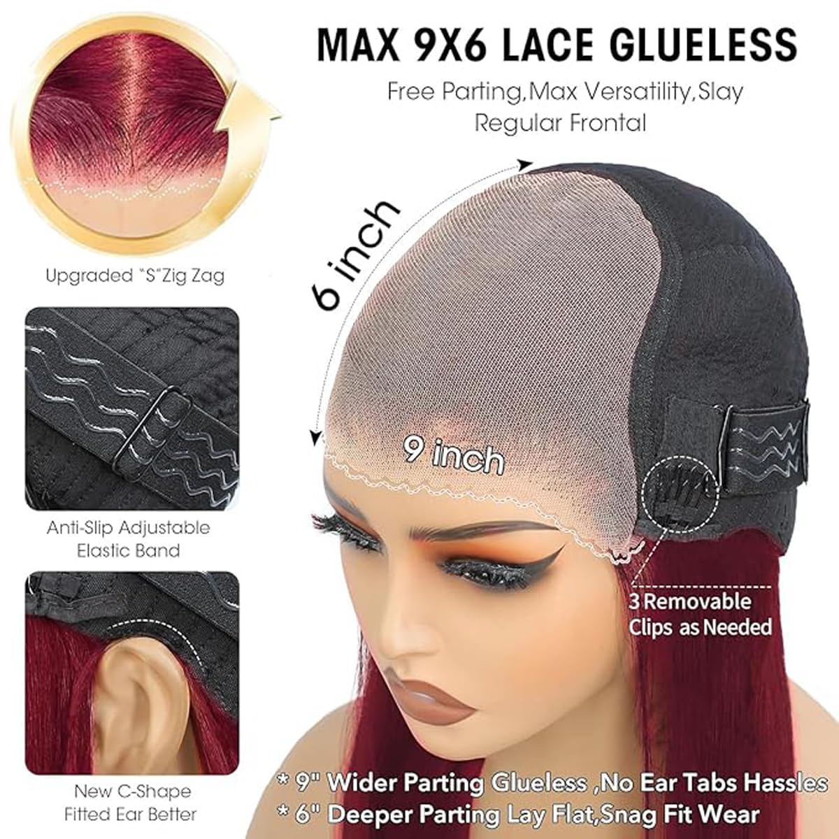 9X6 Wear and Go Glueless Wigs Human Hair Body Wave 200% Density HD Lace Front Wigs Human Hair Cherry Red Colored Brazilian Pre Plucked Pre Cut 99J Burgundy Ready to Wear Glueless Wigs (22 Inch)