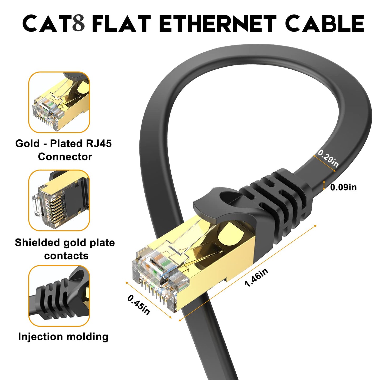 Ercielook CAT8 Ethernet Cable 150 ft High Speed, Shielded Flat Internet Cable with Clips, Weatherproof S/FTP UV Resistant for Router/Gaming/Modem - Black
