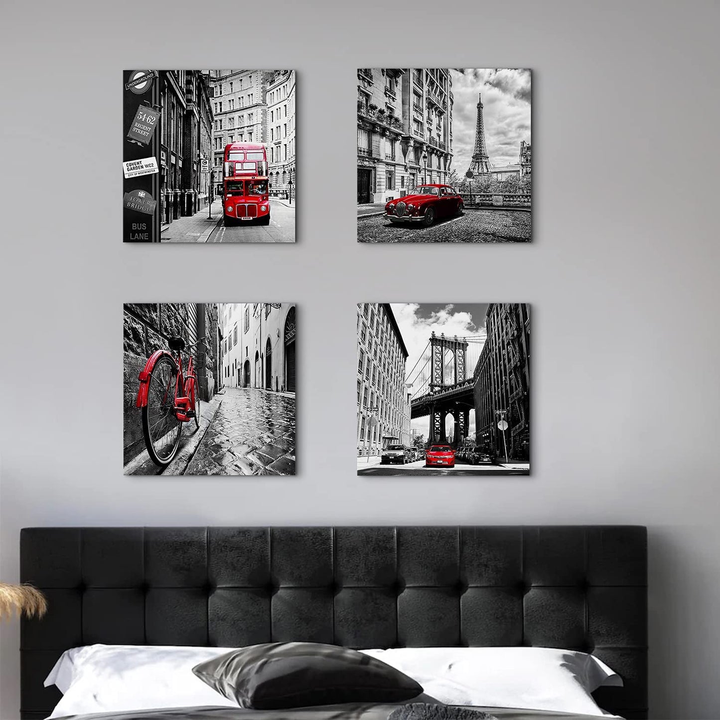 Black and White Canvas Wall Art Bedroom Decor Red City Landscape Pictures Prints Modern Artwork for Living Room Paris New York London Rome Contemporary Painting Kitchen Office Home Decorations 20x20"