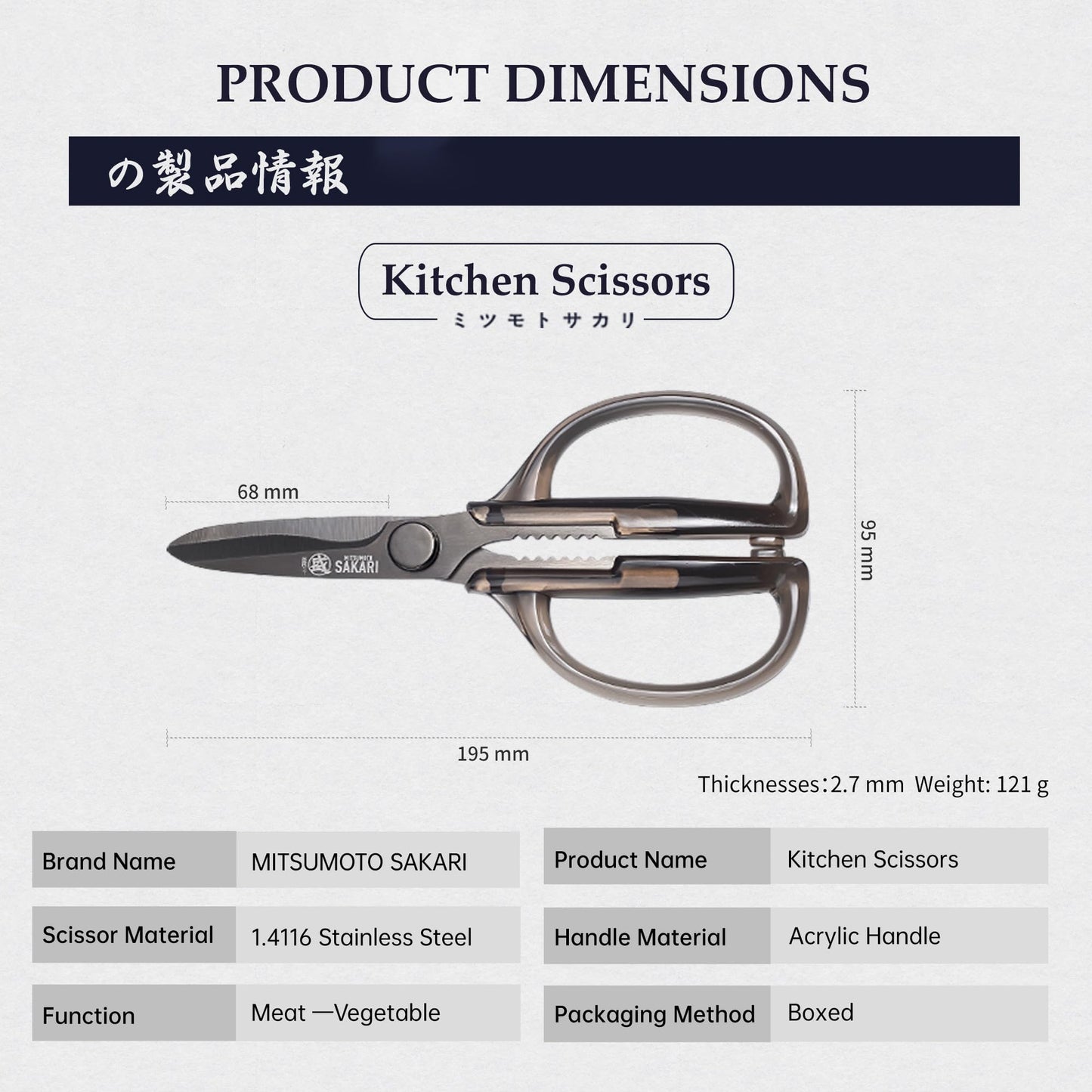MITSUMOTO SAKARI Japanese Kitchen Scissors, Heavy Duty Detachable Kitchen Shears with Titanium-Plated Stainless Steel Blades, Clear Acrylic Handles for Meat, Fish, Nuts & Vegetables