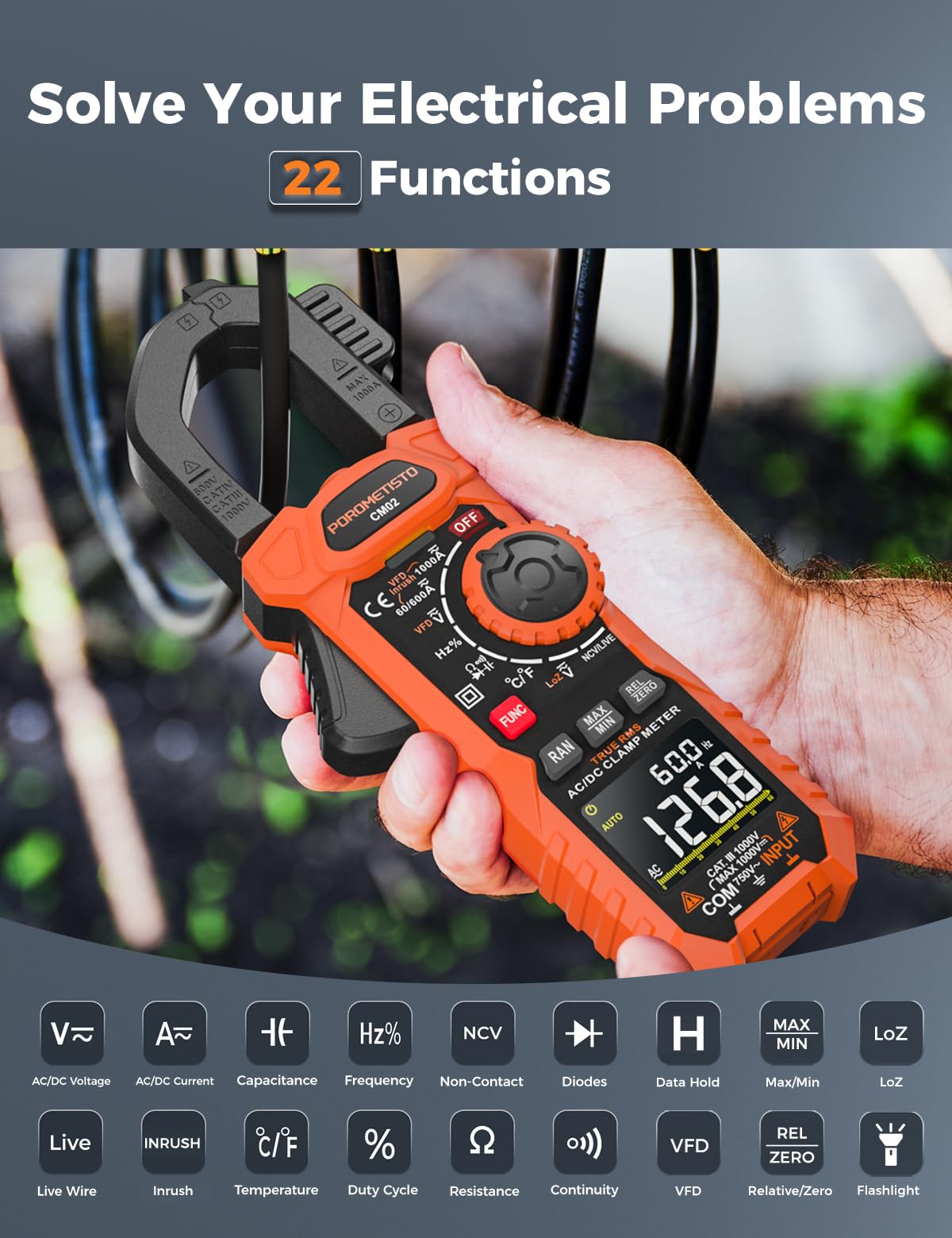 Clamp Meter POROMETISTO Digital Inrush Clamp Multimeter 1000A TRMS 6000 Counts, Amp Voltage Tester with VFD, LOZ Mode，Measures AC/DC Current Voltage NCV Temperature Resistance Capacitance Frequency