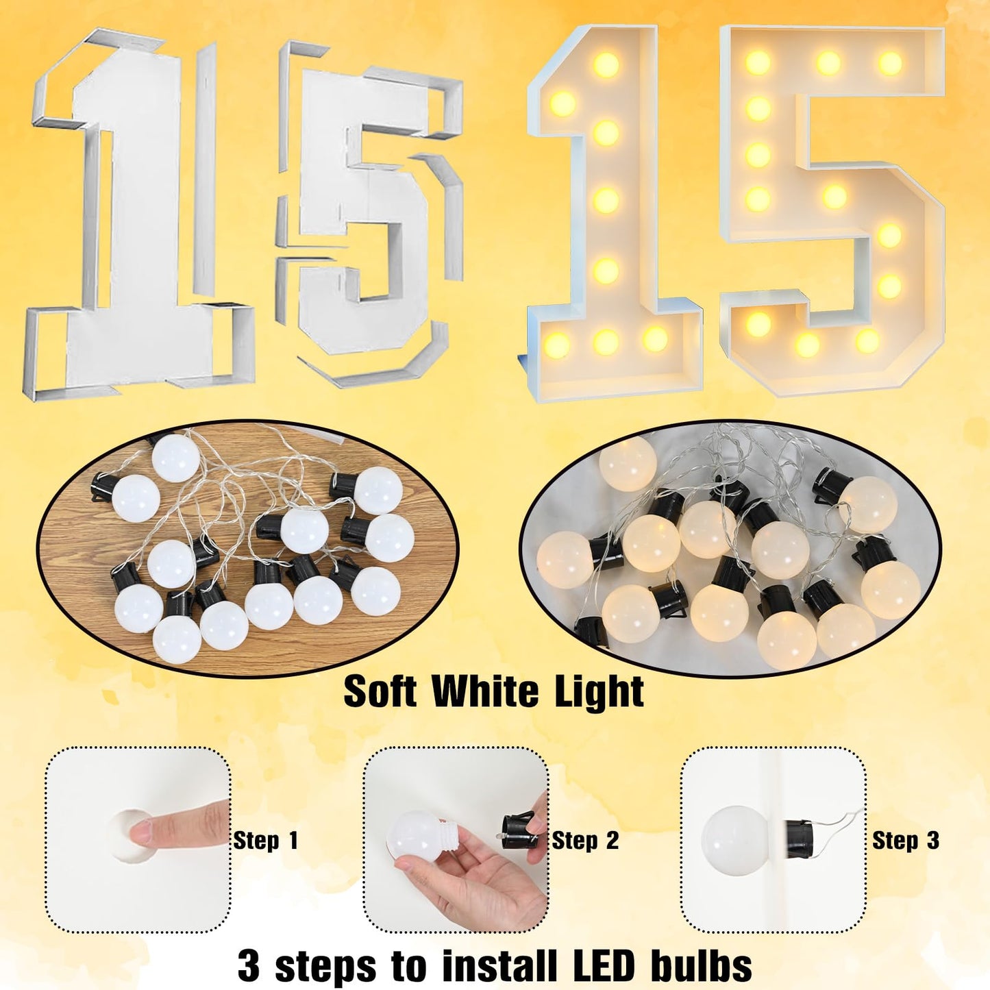 4ft Light Up Numbers 15 Large Numbers with Lights Bulbs White Marquee Frame for 15th Party Boys Girls Birthday Decorations Pre-Cut Mosaic Cardboard Giant Cut-Out Thick Foam Board Sign Anniversary