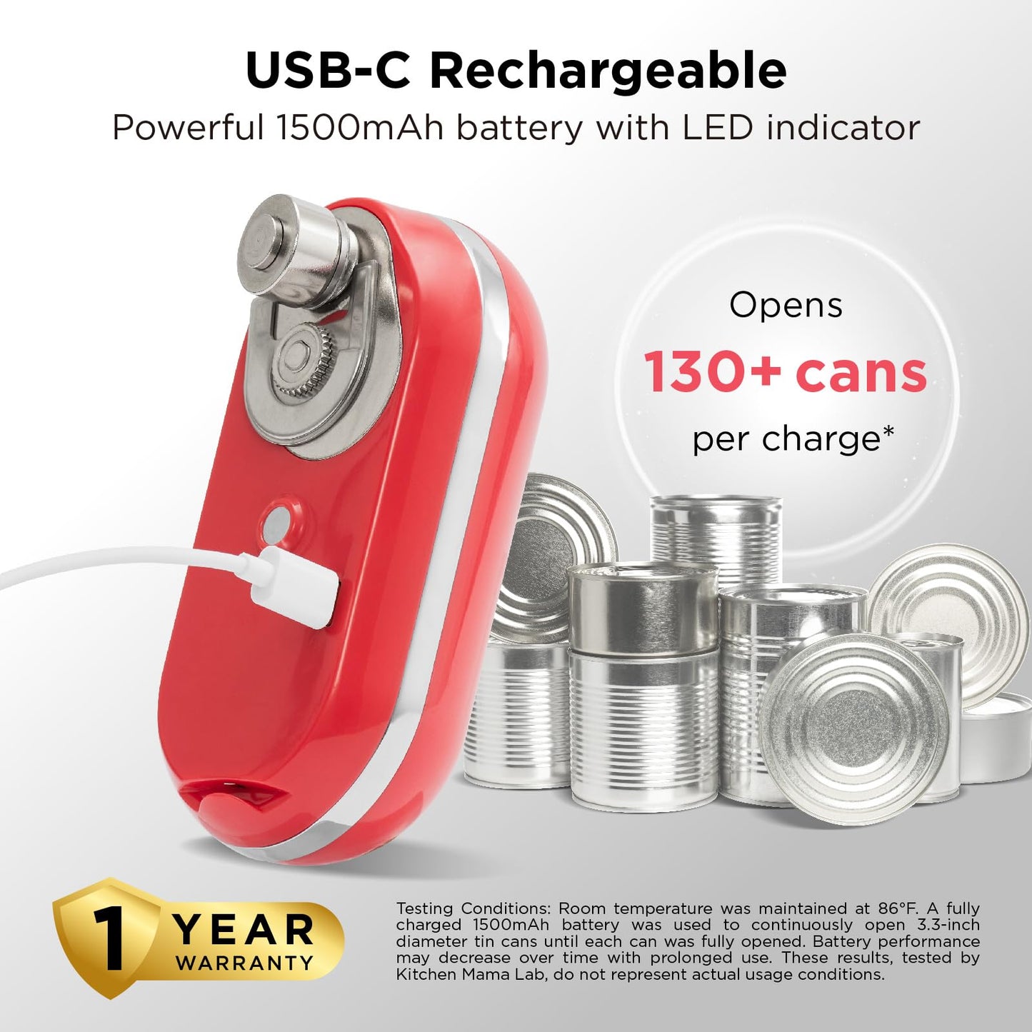 Kitchen Mama Mini Plus Rechargeable Electric Can Opener: Compact Design, USB-C Charging, Hands-Free, Auto Shut-Off, Smooth Edge Cutting - Perfect for Seniors, Home, and Travel (Red)