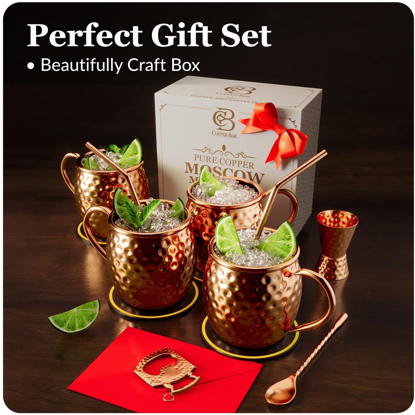 COPPER-BAR Moscow Mule Copper Mugs - Unique HANDCREFTED Gift Set of 4, Hammered by Artisan, 100% Pure Solid Copper Cups 16oz for Drinking Water & Cocktails, Include 18 Pcs accessories & Special Opener
