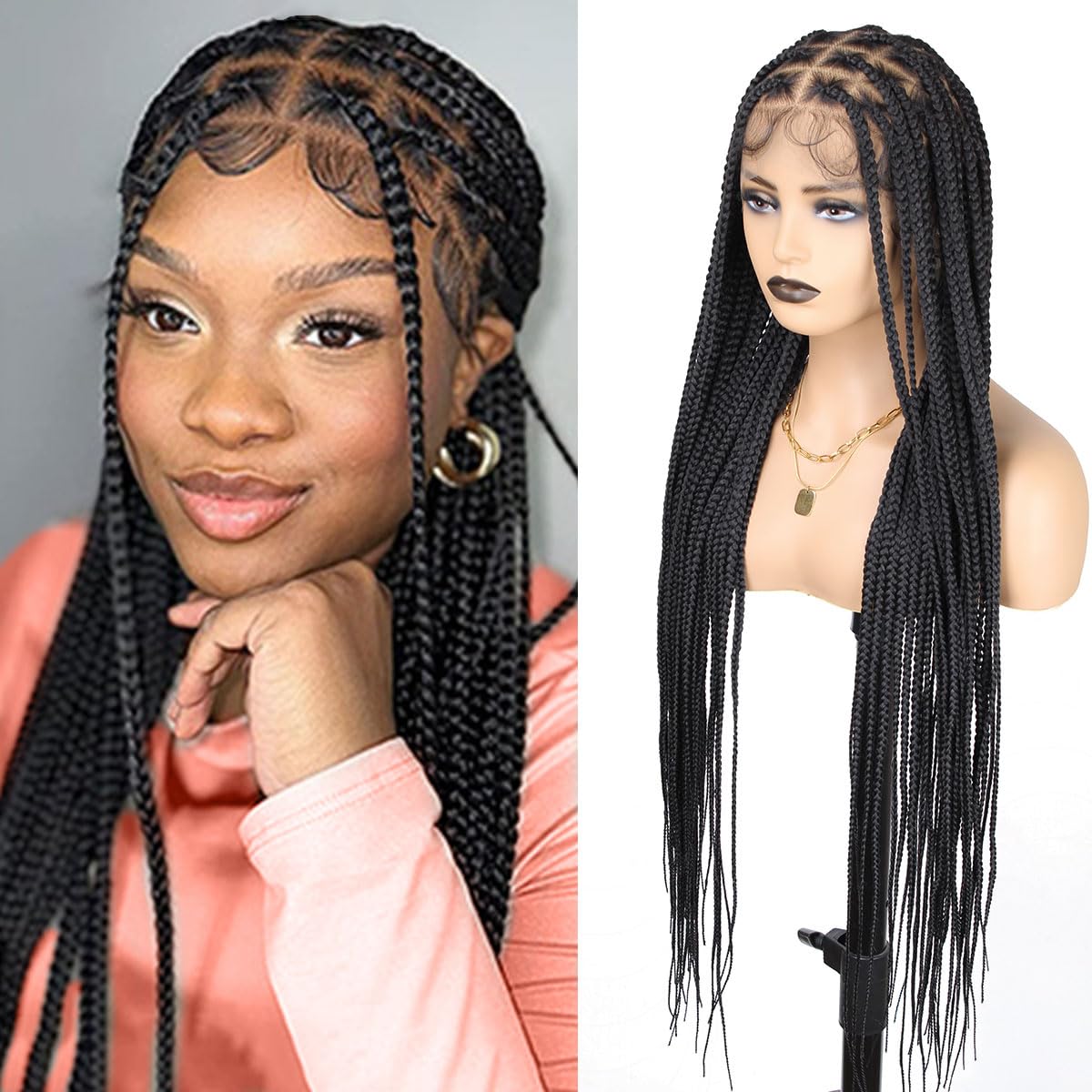 QUISDUIS 36 Inch Full Lace Braided Wigs for Black Women, 360° HD Single-layer Square Knotless Box Braid Wig with Baby Hair Handmade Synthetic Hair Blended Lace Front Wig Natural Black