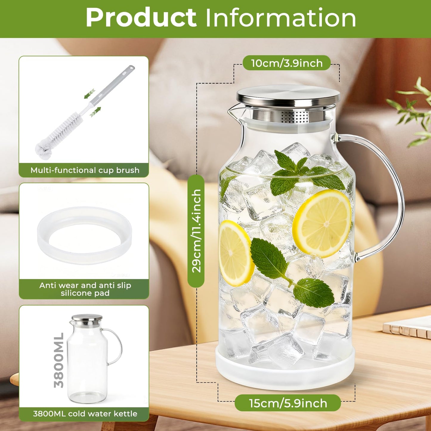 1 Gallon/3.8L Glass Pitcher with Lid, Extra Large Water Carafe Jug, Borosilicate Glass Iced Tea Pitcher, Glass Water Pitcher with Silicone Base, Leak-proof Ring & Cleaning Brush Included (Transparent)
