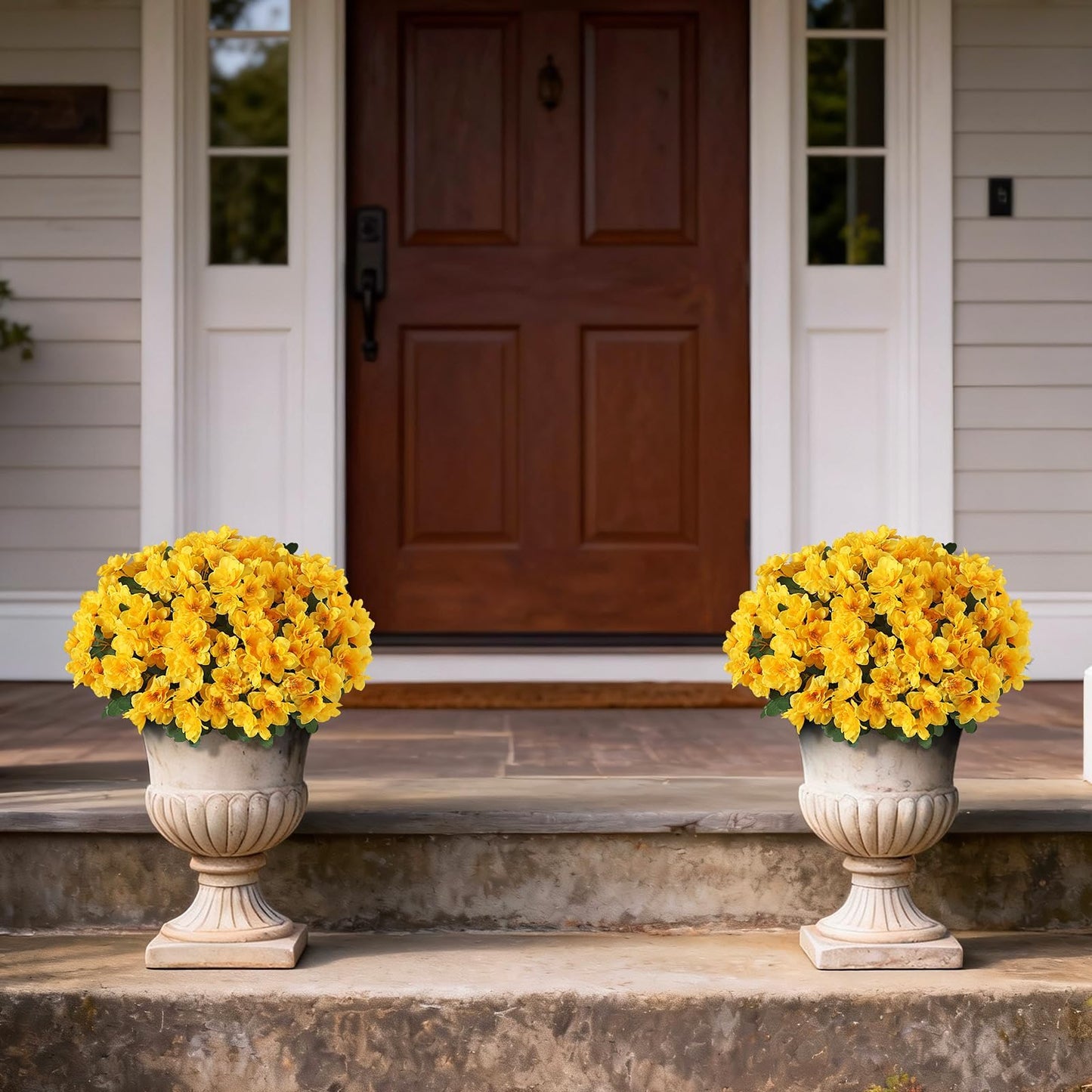 YXZZWL Set of 2 Artificial Azalea Flower Topiary Trees - Fake Silk Flower Potted Plants, Sun-Resistant Faux Outdoor Azalea Bushes for Front Door, Garden, Yard, Farmhouse Decor (Yellow)