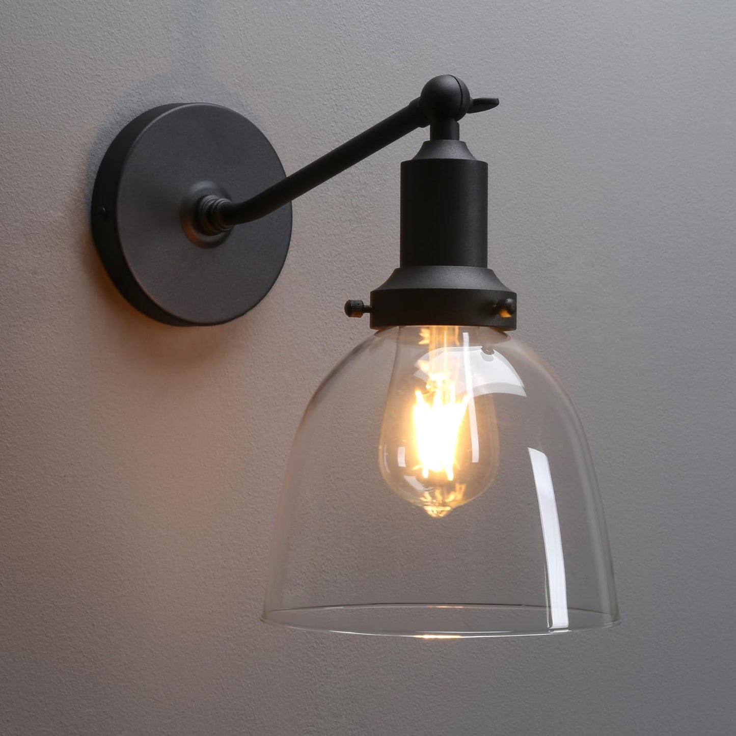 PERMO Industrial Sconces Slope Pole Sconce with 6.7" Oval Dome Clear Glass Shade Matte Black Wall Sconce Wall Mount Light Fixture for Bathroom Bedroom Entryway Home Office Kitchen