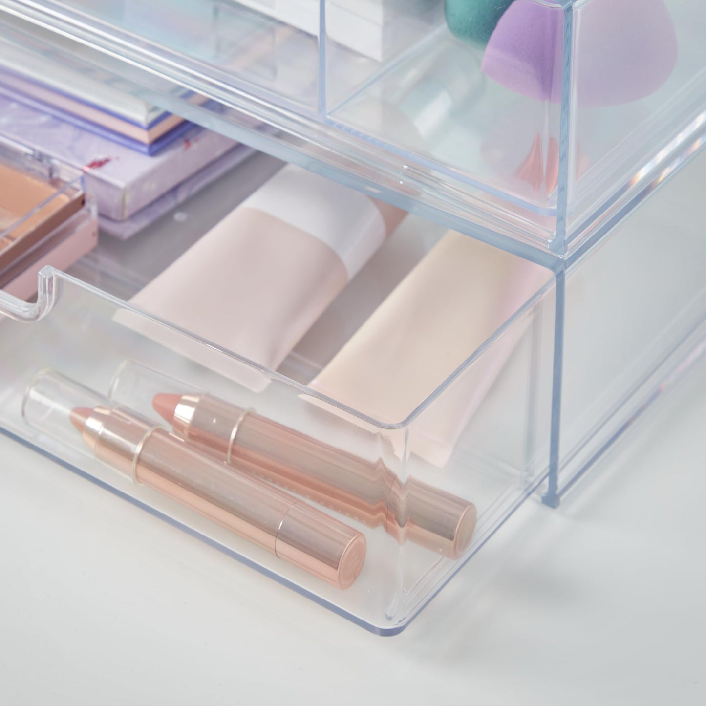 STORi Sofia 12.5” Wide Clear Stackable Open & Divided Storage Drawers, 2 Pack Plastic Organizer Bins for Makeup Palettes, Cosmetics, & Beauty Supplies, Vanity, Bathroom, Desk Organization, Made in USA