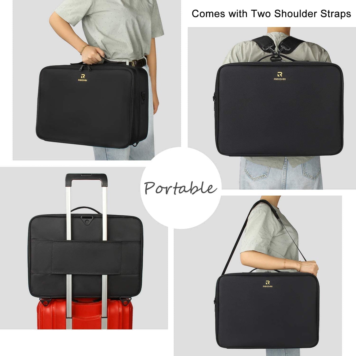 Relavel Extra Large Makeup Case Travel Makeup Train Case Professional Makeup Artist Bag Portable Nail Organizer Box Art Supply Case with Adjustable Dividers/Attach to Trolley/Shoulder Strap (Black)