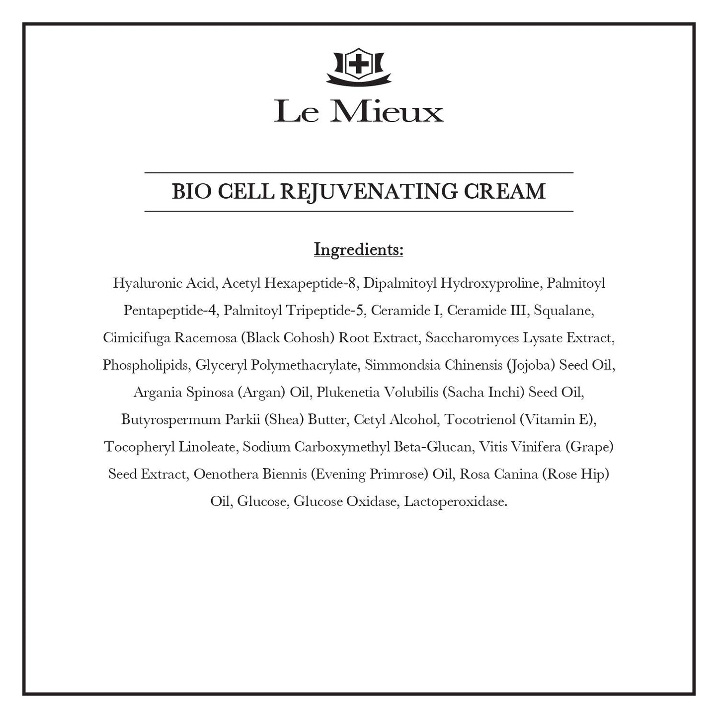 Le Mieux Bio Cell Rejuvenating Cream - Triple Peptide Facial Moisturizer with Hyaluronic Acid, Squalane & Rose Hip, Night & Day Cream for Face & Neck, No Parabens or Sulfates (1.75 oz / 52 ml)
