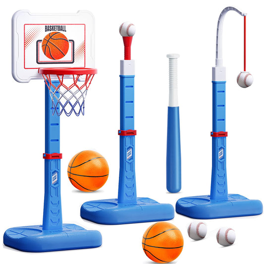 3 in 1 Kids Basketball Hoop and T Ball Set, Adjustable Height Toddler Basketball Hoop, Hanging Tee Baseball, Indoor Outdoor Sports Toys Gifts for Toddlers Boys Girls Ages 3 4 5 Year（Blue