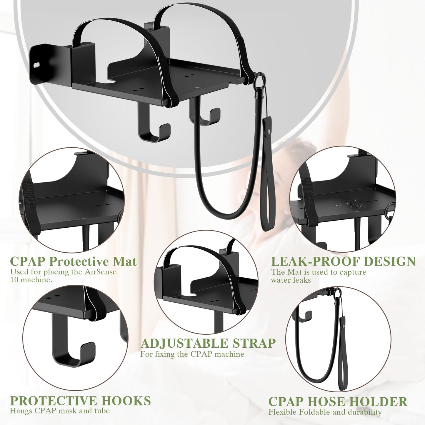 CPAP Wall Mount Shelf Compatible with ResMed AirSense 10 with Adjustable Angle CPAP Hose Holder and Hook for CPAP Tube & Mask [Avoid Entanglement] FSA HSA, CPAP Supplies Stand for Bedside Organization