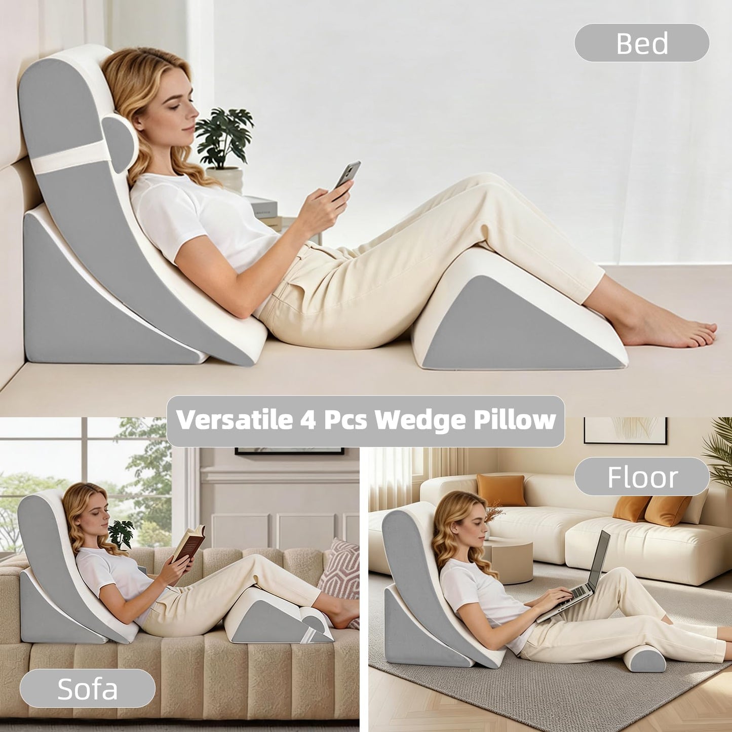 LevNubis 4PCS Orthopedic Bed Wedge Pillow Set for Post Surgery & Pain Relief,Adjustable Wedge Pillow for Back,Sitting up in Bed,Recovery,Acid Reflux,Snoring,Body Pillow for Sleeping (White/Light Grey)