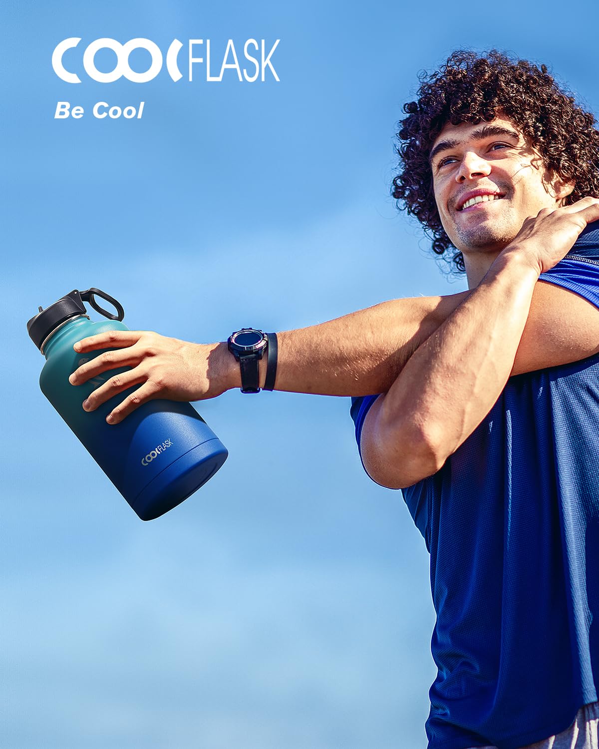 Coolflask Half Gallon Water Bottle Insulated with Straw & 3 Lids, 64 oz Water Jug Large Metal Stainless Steel Wide Mouth for Sports, Gym or Office, Non-BPA Keep Cold 48H Hot 24H, Indigo Blue