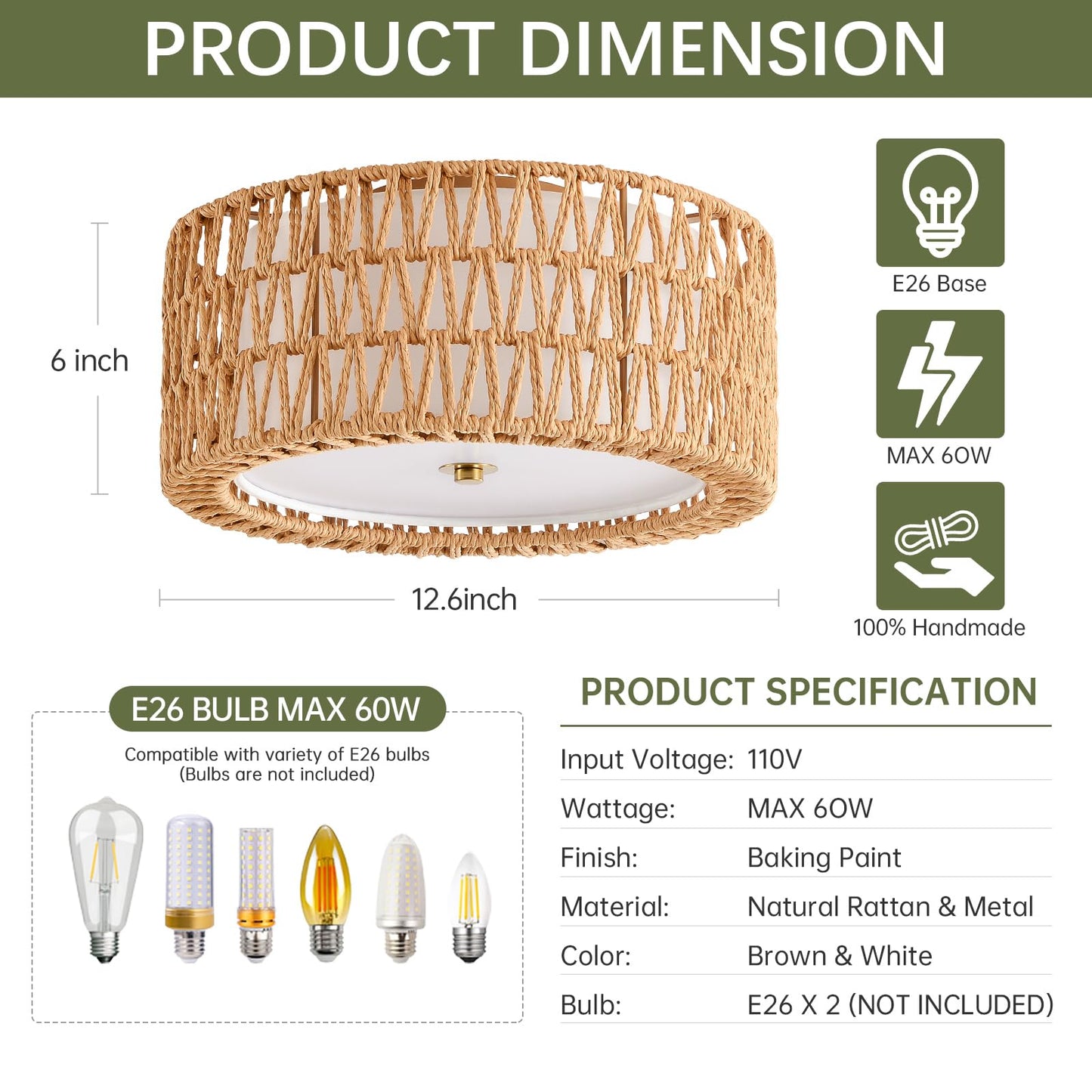 InterMaka Boho Ceiling Light Fixtures 12.6" Flush Mount Ceiling Light, Hand-Woven Rattan Light Fixture for Bedroom Close to Ceiling Light Modern Ceiling Light for Foyer Hallway Entryway Kids Room