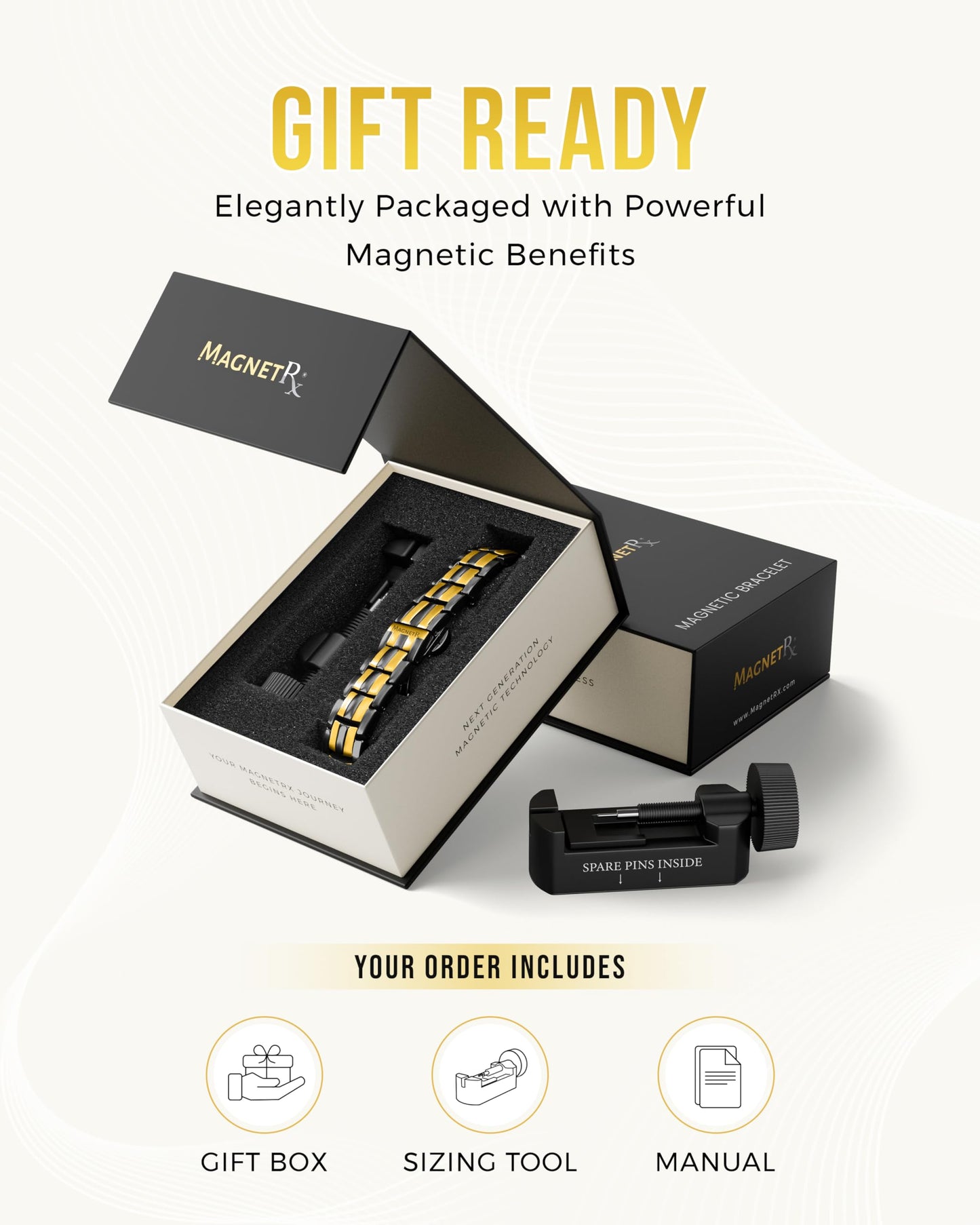 MagnetRX® Magnetic Bracelets for Men — EllipseMAX 5X Strength 5,000 Gauss Magnets — Designed in USA & Patent Pending — Premium Titanium Mens Magnetic Bracelet & Adjustable Length (Black/Gold)