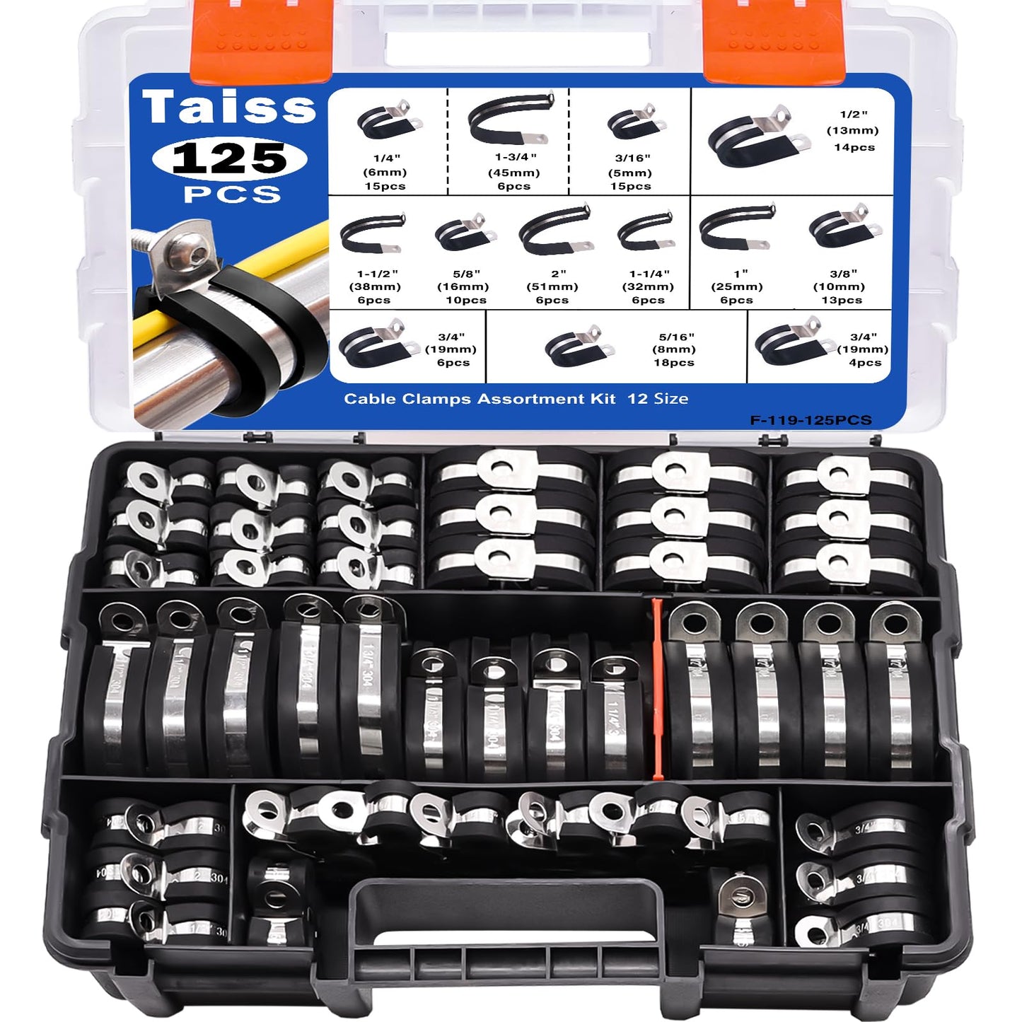 Taiss 125PCS Cable Clamps 304 Stainless Steel Rubber Cushion Pipe Clamps Assortment Kit,12 Sizes 3/16" 1/4" 5/16" 3/8" 1/2" 5/8" 3/4" 1" 1-1/4" 1-1/2" 1-3/4" 2" Wire Clamps With Portable Handheld Box